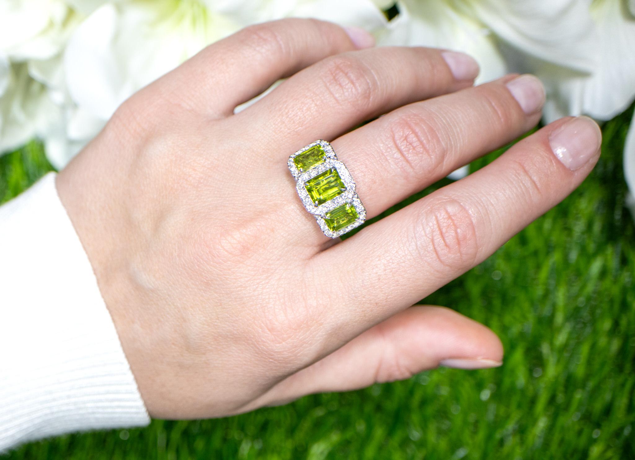 Octagon Cut Peridot Three Stone Ring Diamond Setting 5.14 Carats 18K Gold For Sale