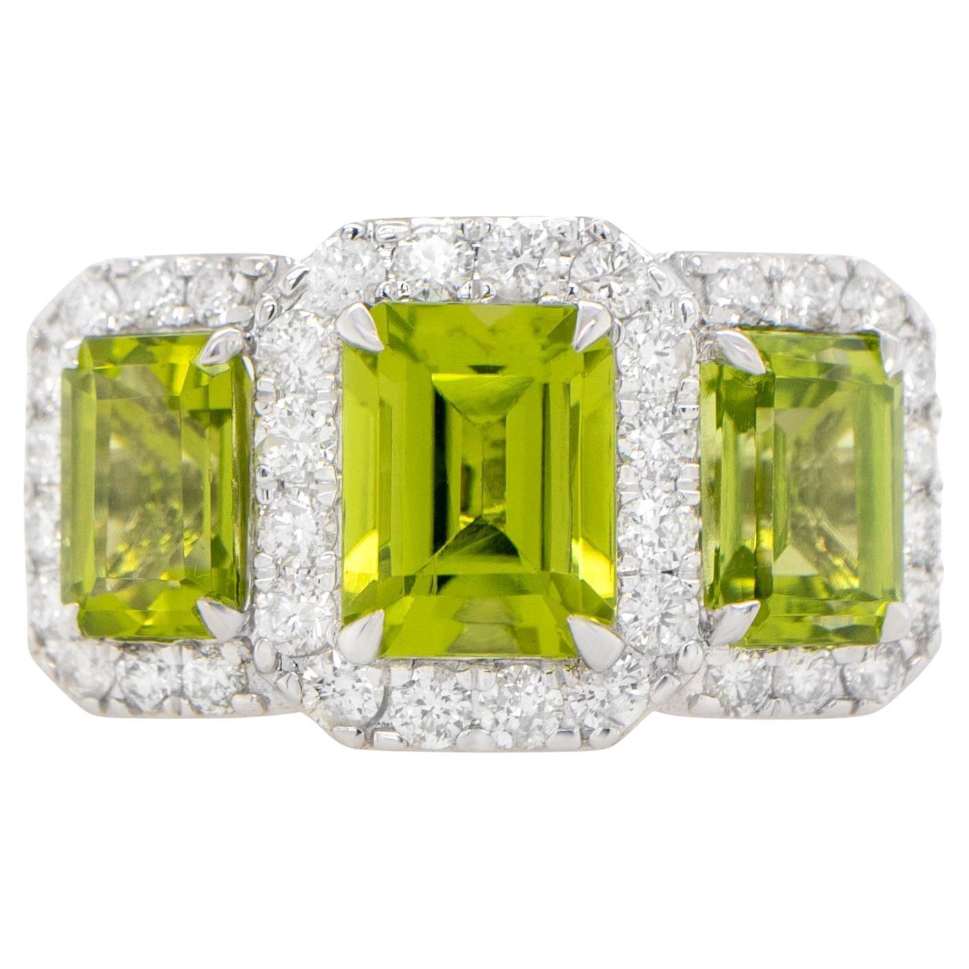 Peridot Three Stone Ring Diamond Setting 5.14 Carats 18K Gold