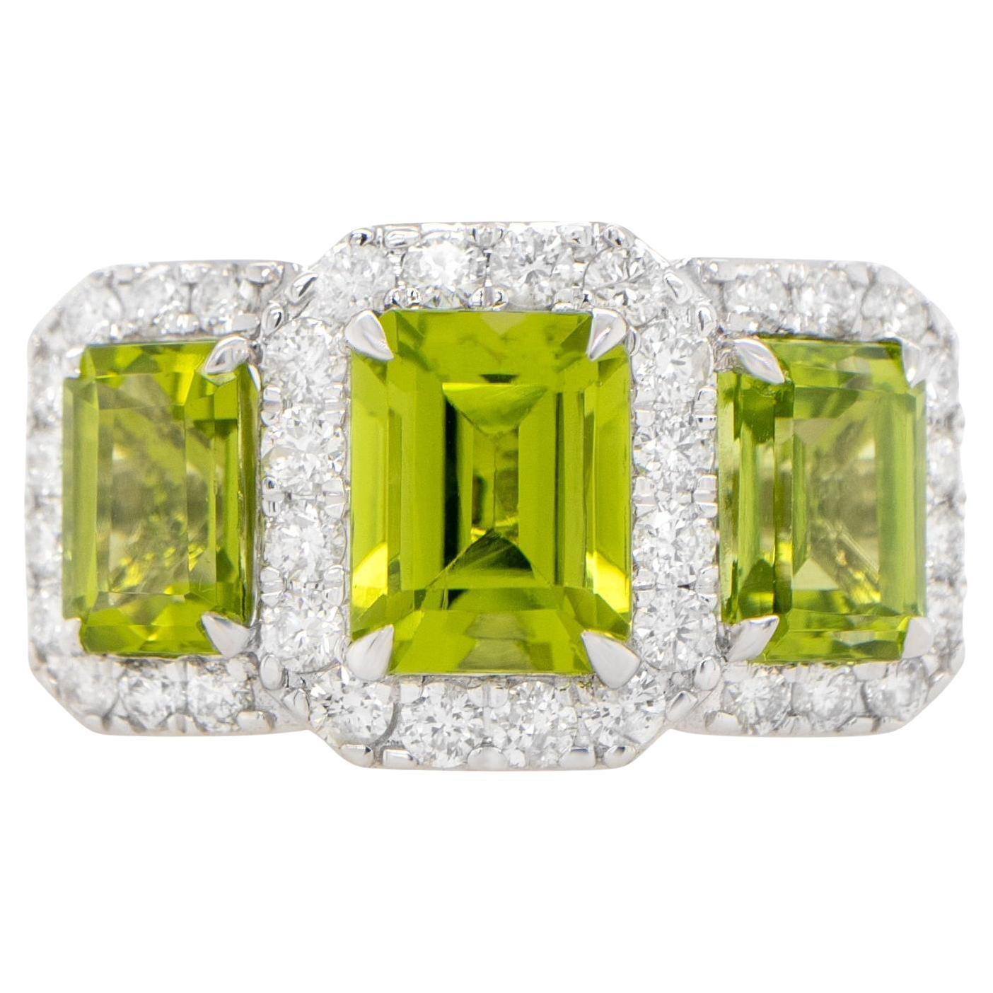 Peridot Three Stone Ring Diamond Setting 5.14 Carats 18K Gold For Sale