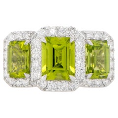 Peridot Three Stone Ring Diamond Setting 5.14 Carats 18K Gold