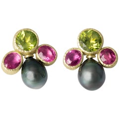 Peridot Tourmaline Tahitian Pearls Rubelities 18 Karat Gold Stud Earrings