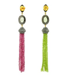Peridot & Tourmaline Tassel Earrings with Oval Shaped Sapphire & Pave Diamonds