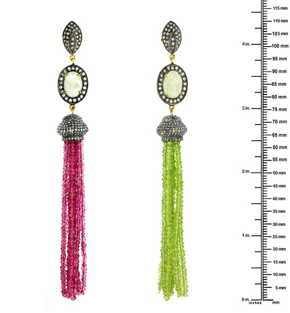 Contemporary Peridot & Tourmaline Tassel Earrings with Oval Shaped Sapphire & Pave Diamonds For Sale