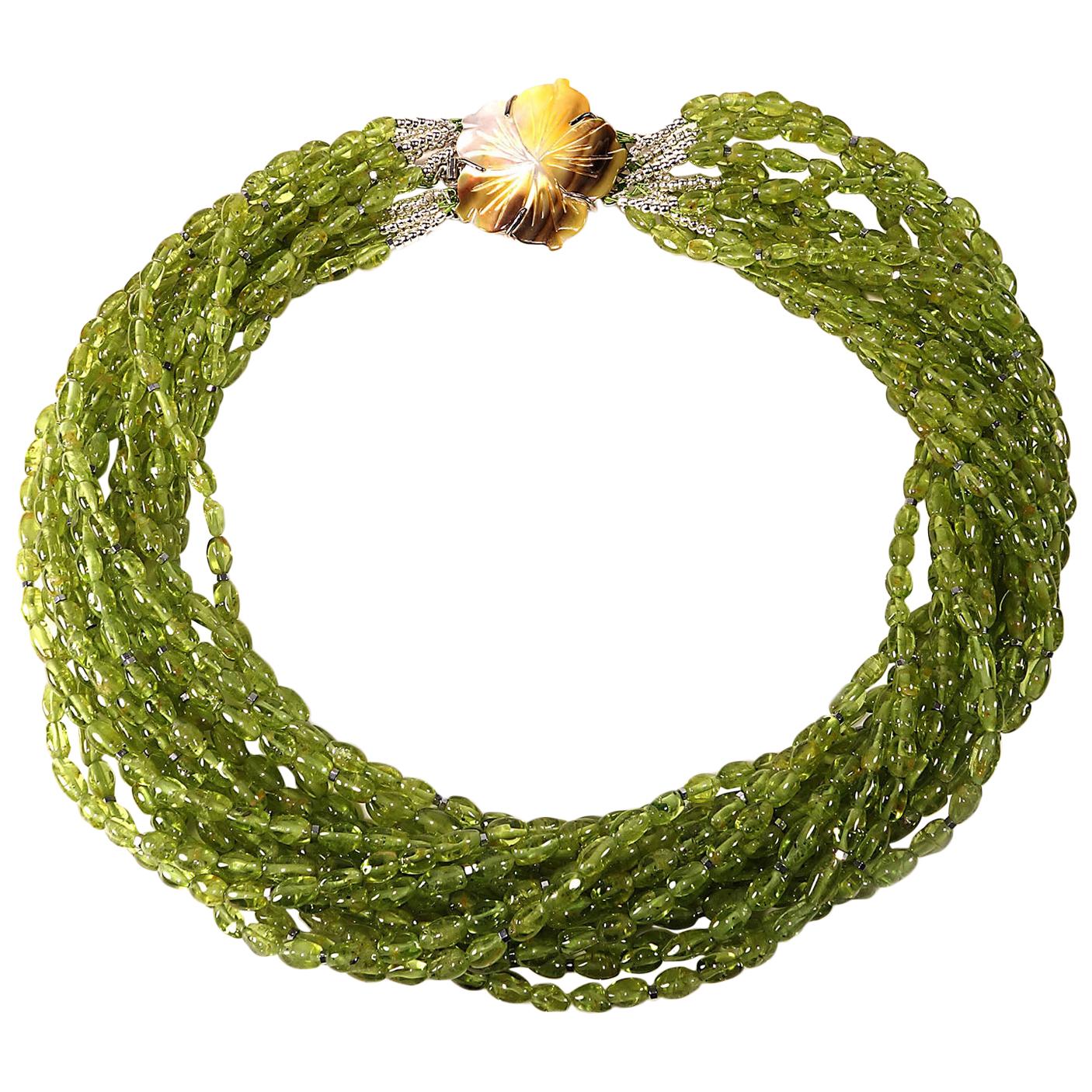 Peridot Toursade Necklace of 15 Strands