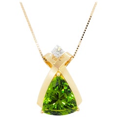 Peridot Trillion and White Diamond Pendant Necklace in Platinum and 18kyg