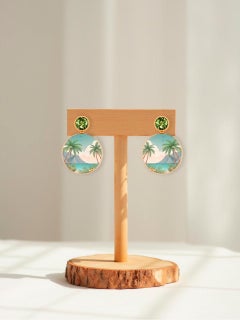 Peridot, tropical beach with palms painting, Mother of pearl earrings studs.