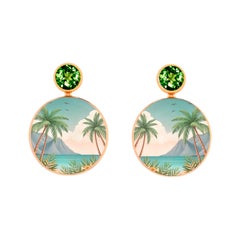 Peridot, tropical beach with palms painting, Mother of pearl earrings studs.