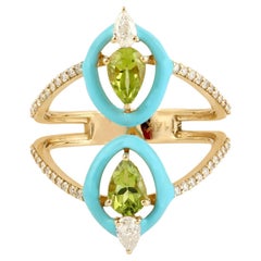 Peridot Turquoise Enamel Diamond 14 Karat Gold Ring