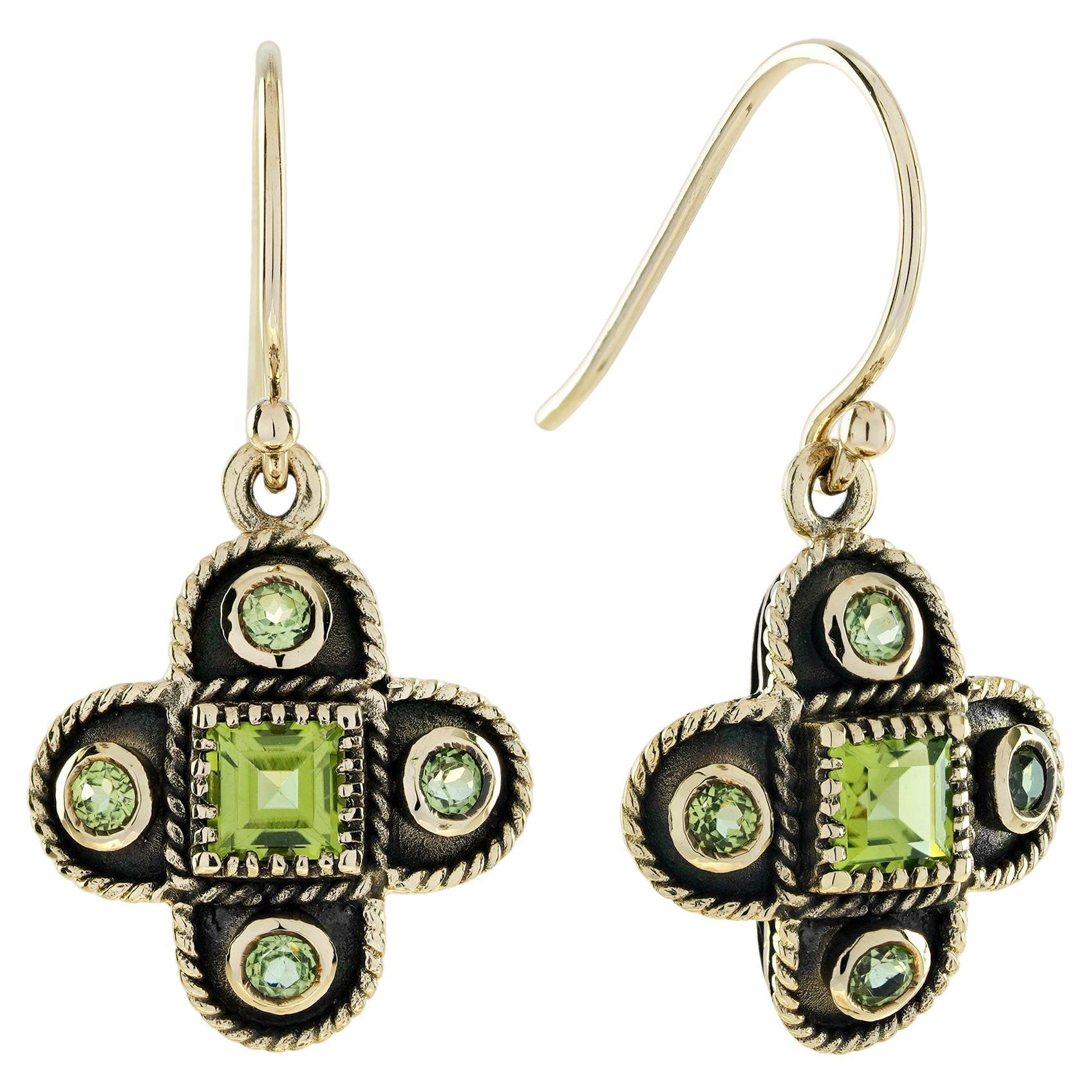 Peridot Vintage Style Drop Earrings in 9K Yellow Gold For Sale