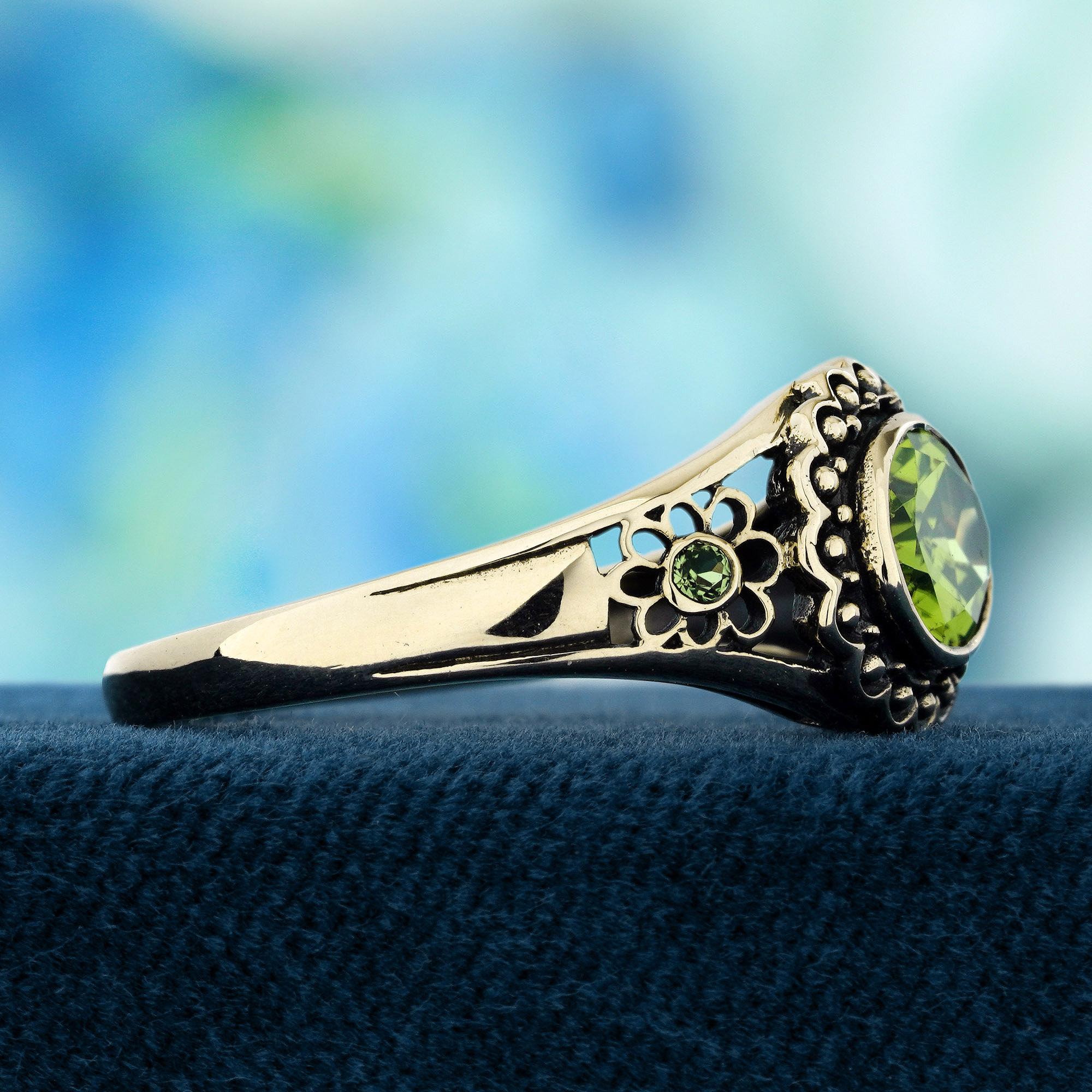 Oval Cut Peridot Vintage Style Floral Motif Ring in Solid 9K Yellow Gold For Sale