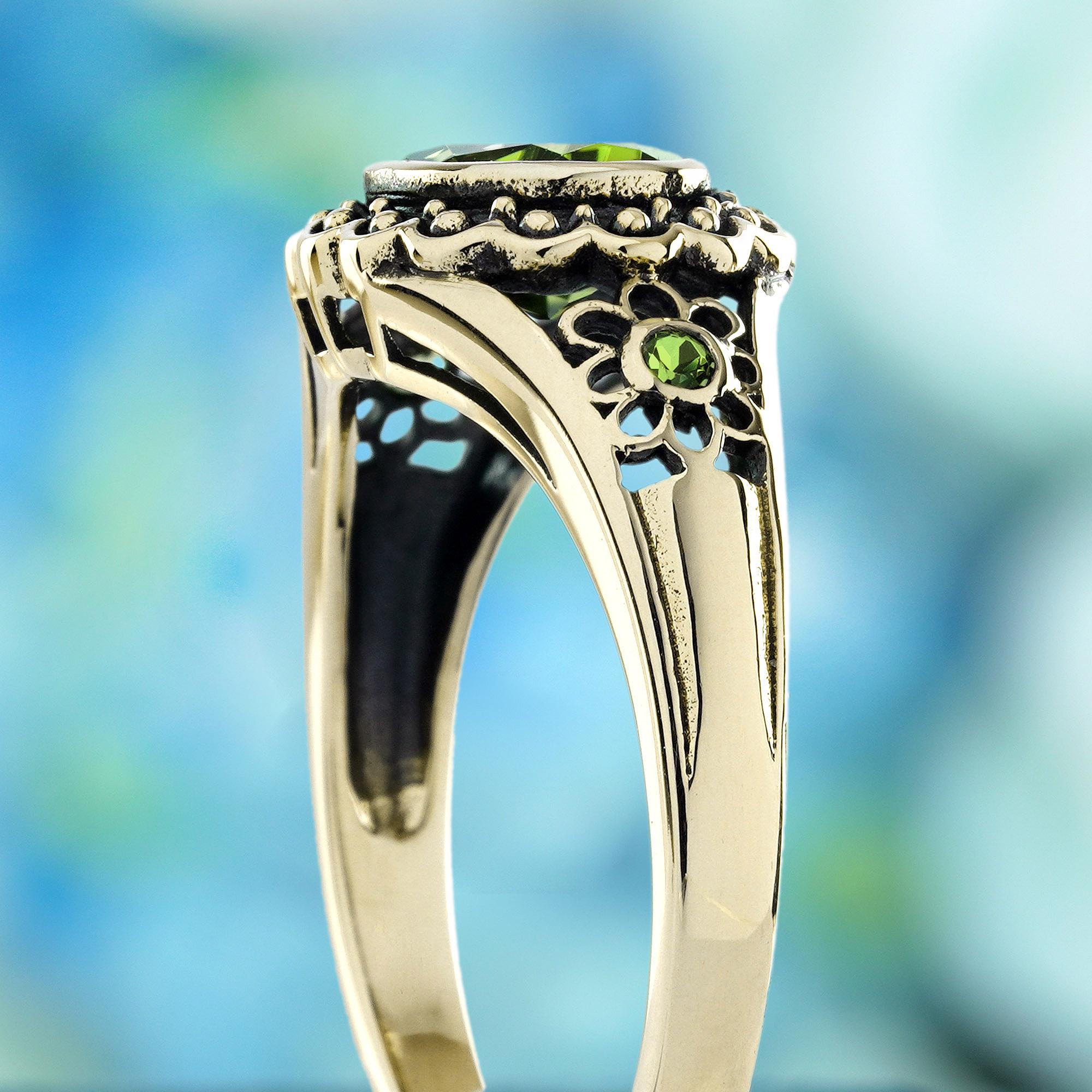 Women's Peridot Vintage Style Floral Motif Ring in Solid 9K Yellow Gold For Sale