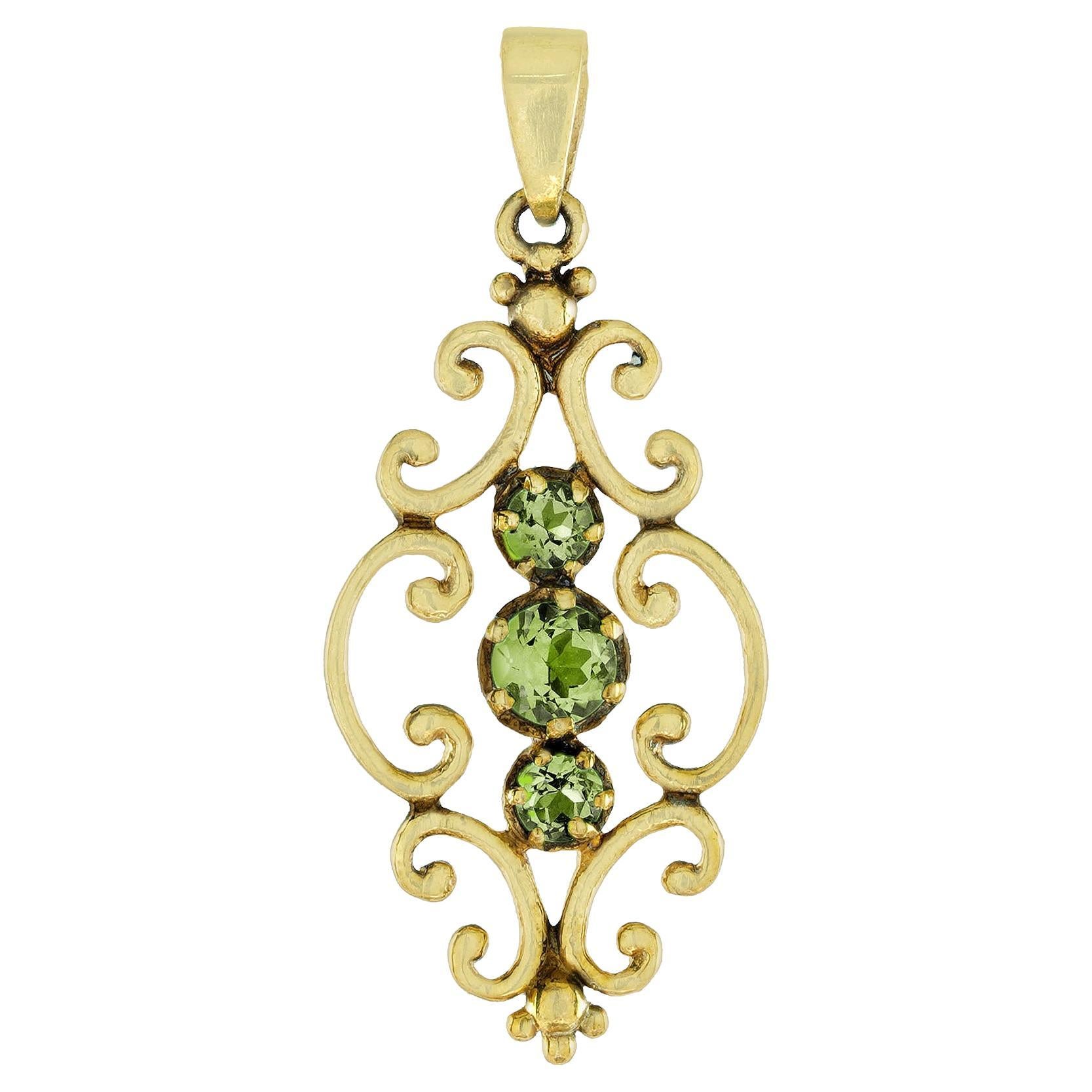 Peridot Vintage Style Three Stone Pendant in 9K Yellow Gold