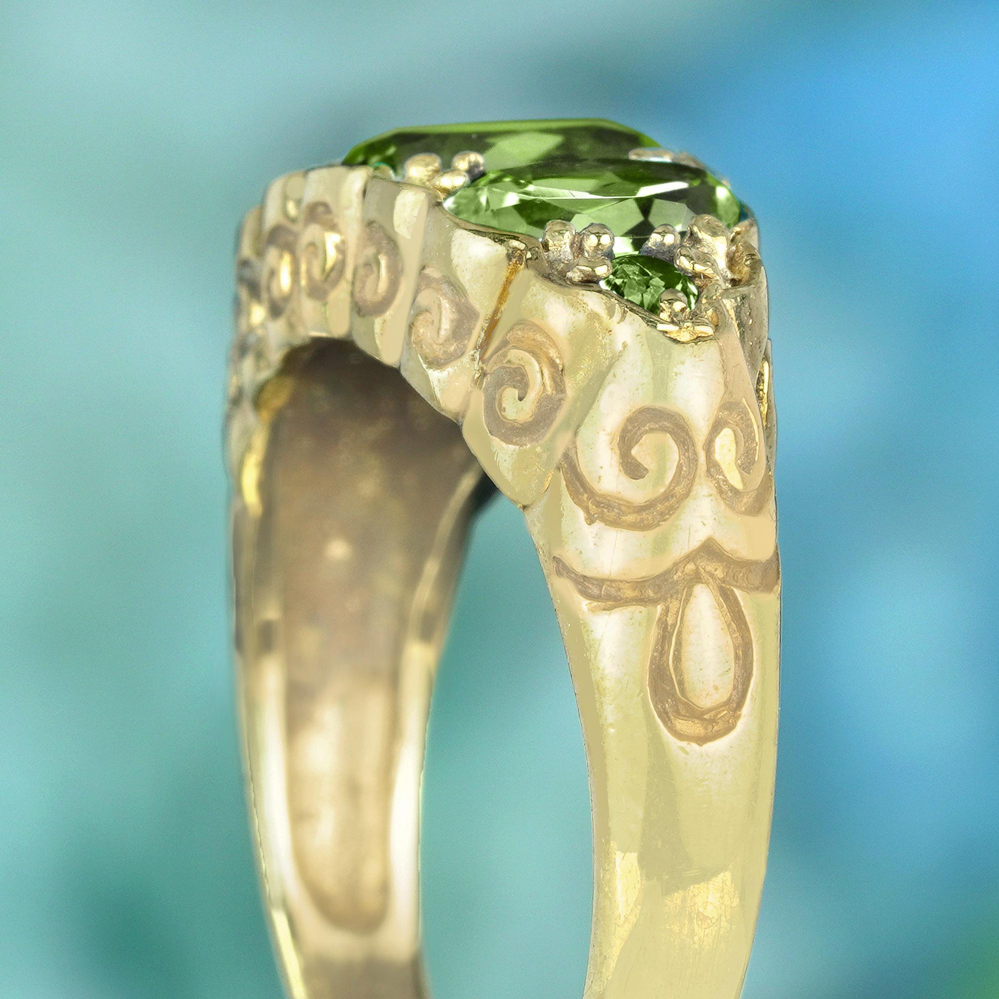 Women's Peridot Vintage Style Three Stones  Ring in Solid 9K Yellow Gold For Sale