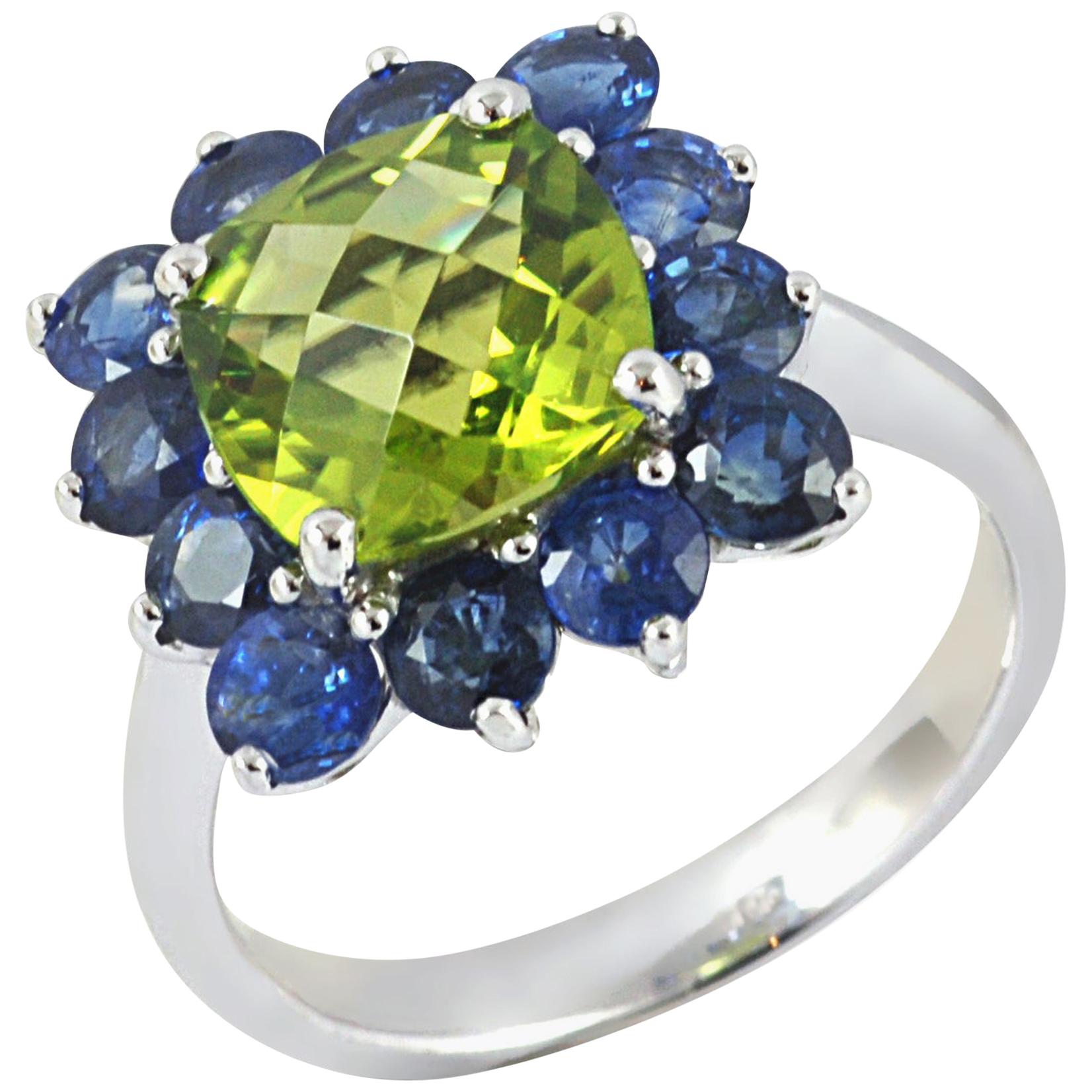 Peridot with Blue Sapphire Ring set in 18 Karat White Gold Settings