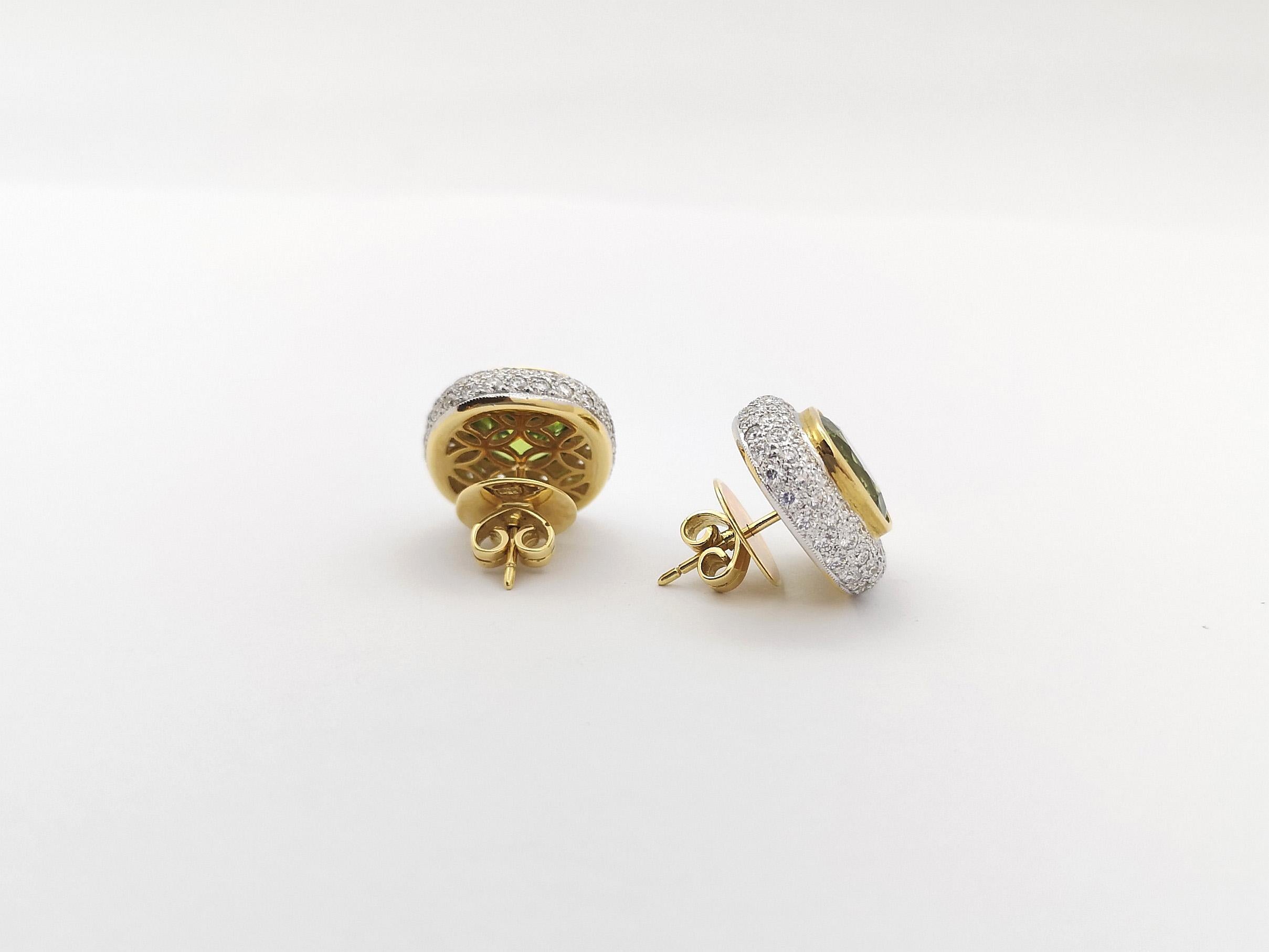 Cushion Cut Peridot with Diamond Earrings set in 18K Gold Settings For Sale