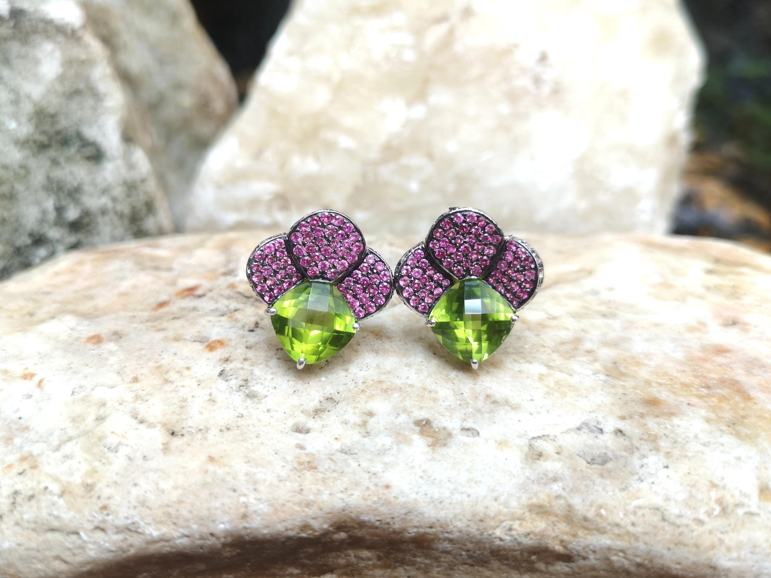 Peridot with Pink Sapphire and Brown Diamond Earrings Set in 18 Karat White Gold For Sale 1