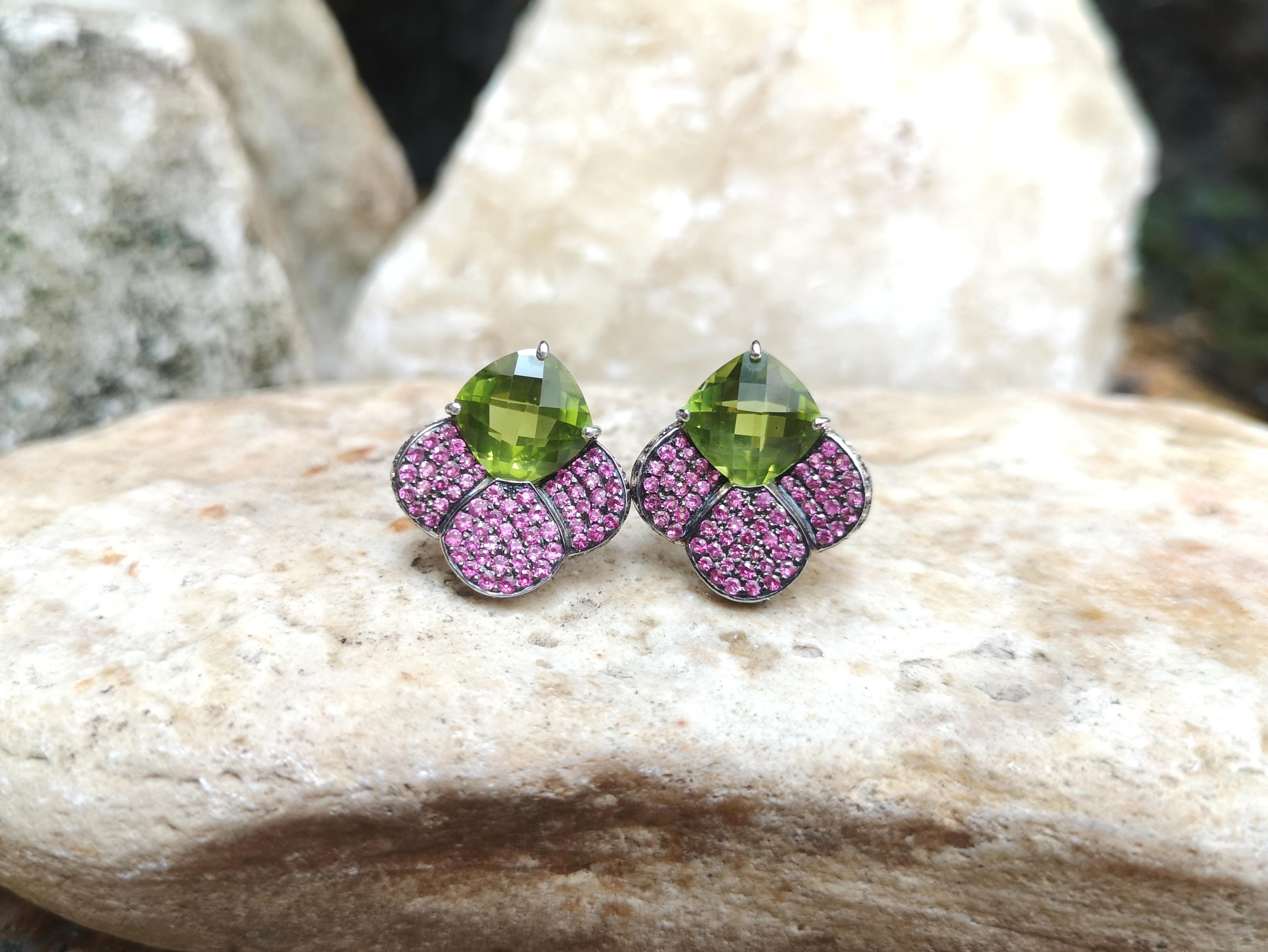 Peridot with Pink Sapphire and Brown Diamond Earrings Set in 18 Karat White Gold For Sale 2