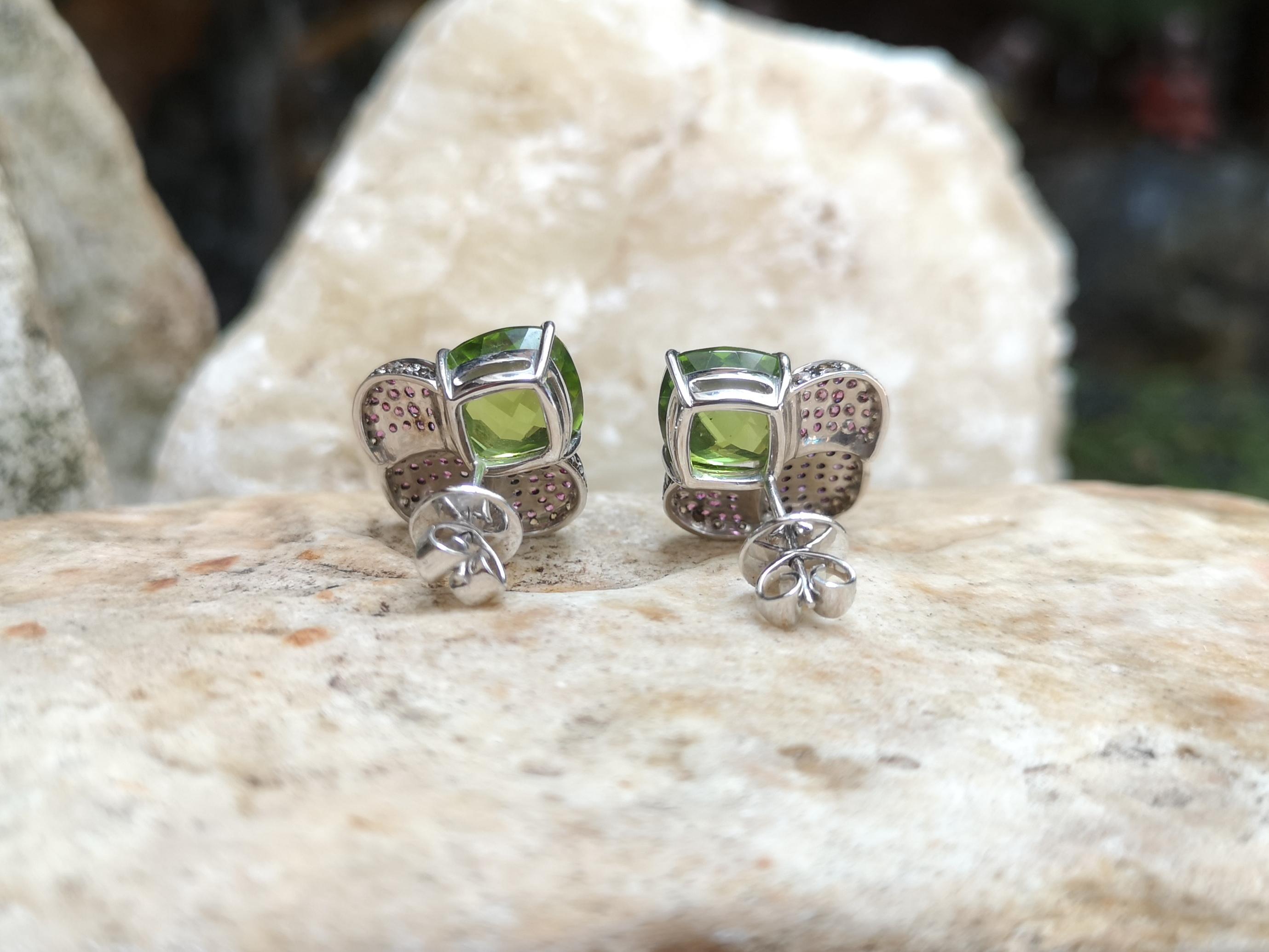Peridot with Pink Sapphire and Brown Diamond Earrings Set in 18 Karat White Gold For Sale 3