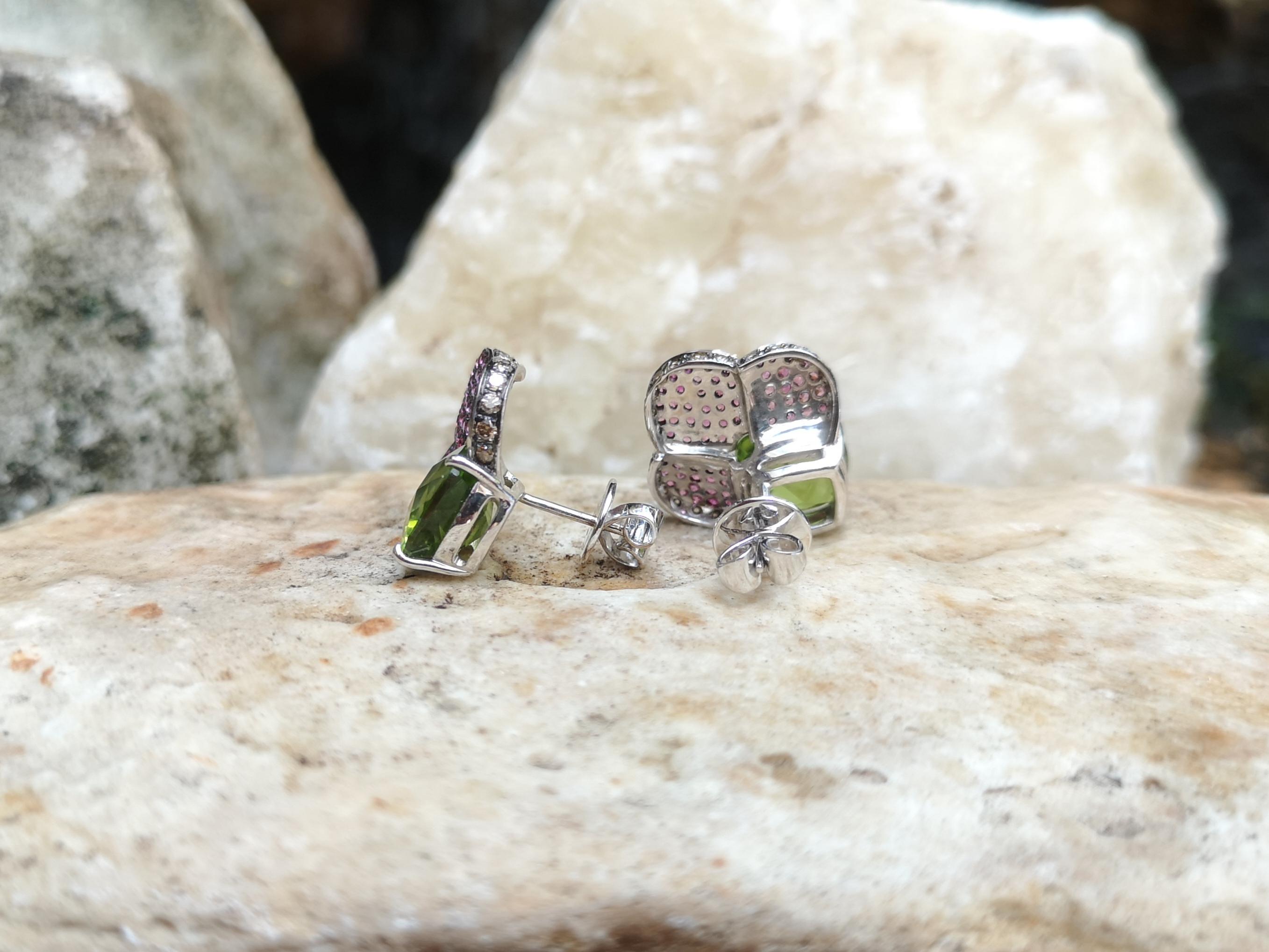 Peridot with Pink Sapphire and Brown Diamond Earrings Set in 18 Karat White Gold For Sale 4