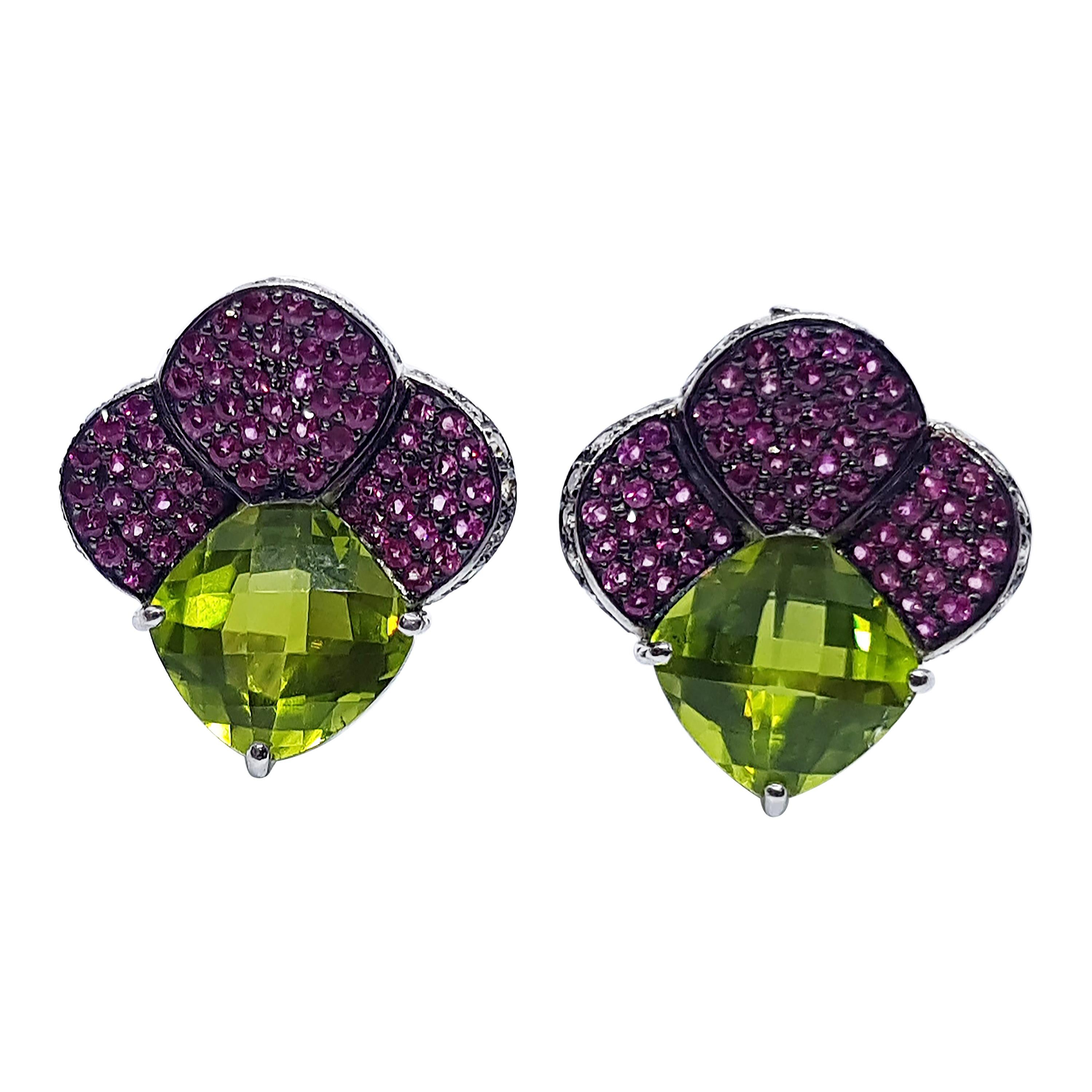Peridot with Pink Sapphire and Brown Diamond Earrings Set in 18 Karat White Gold For Sale