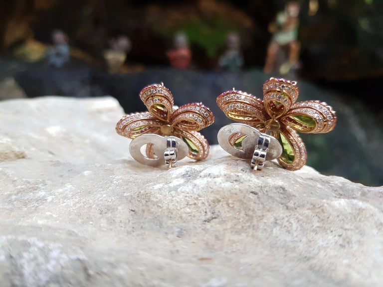 Peridot with Pink Sapphire and Diamond Flower Earrings Set in 18k White ...