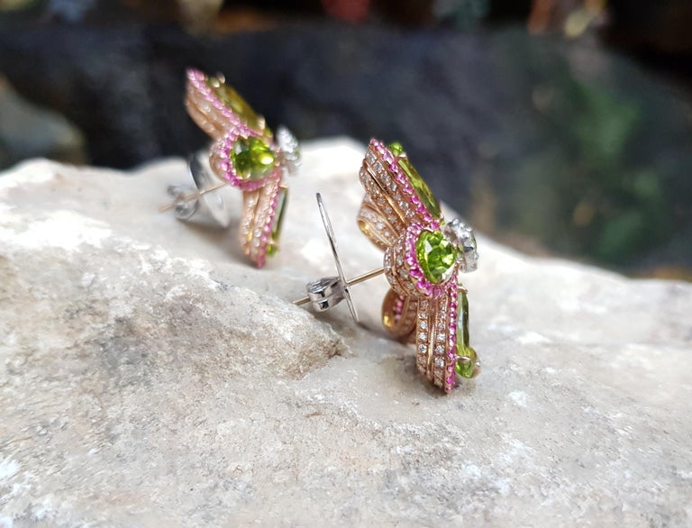 Peridot with Pink Sapphire and Diamond Flower Earrings Set in 18k White ...