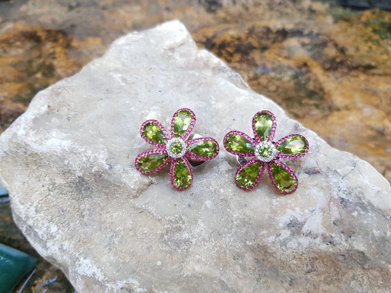 Peridot with Pink Sapphire and Diamond Flower Earrings Set in 18k White ...