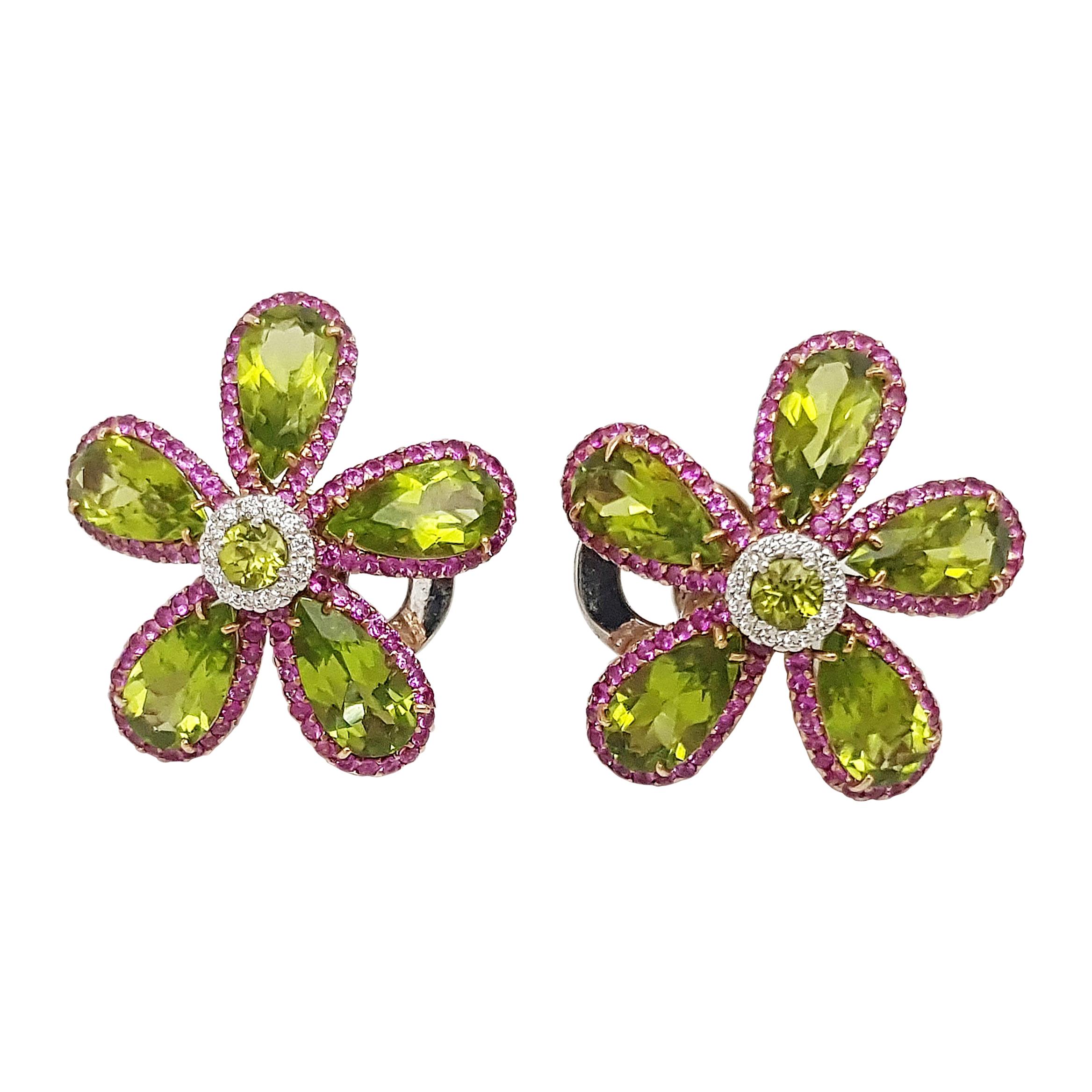 Peridot with Pink Sapphire and Diamond Flower Earrings Set in 18k White Gold For Sale