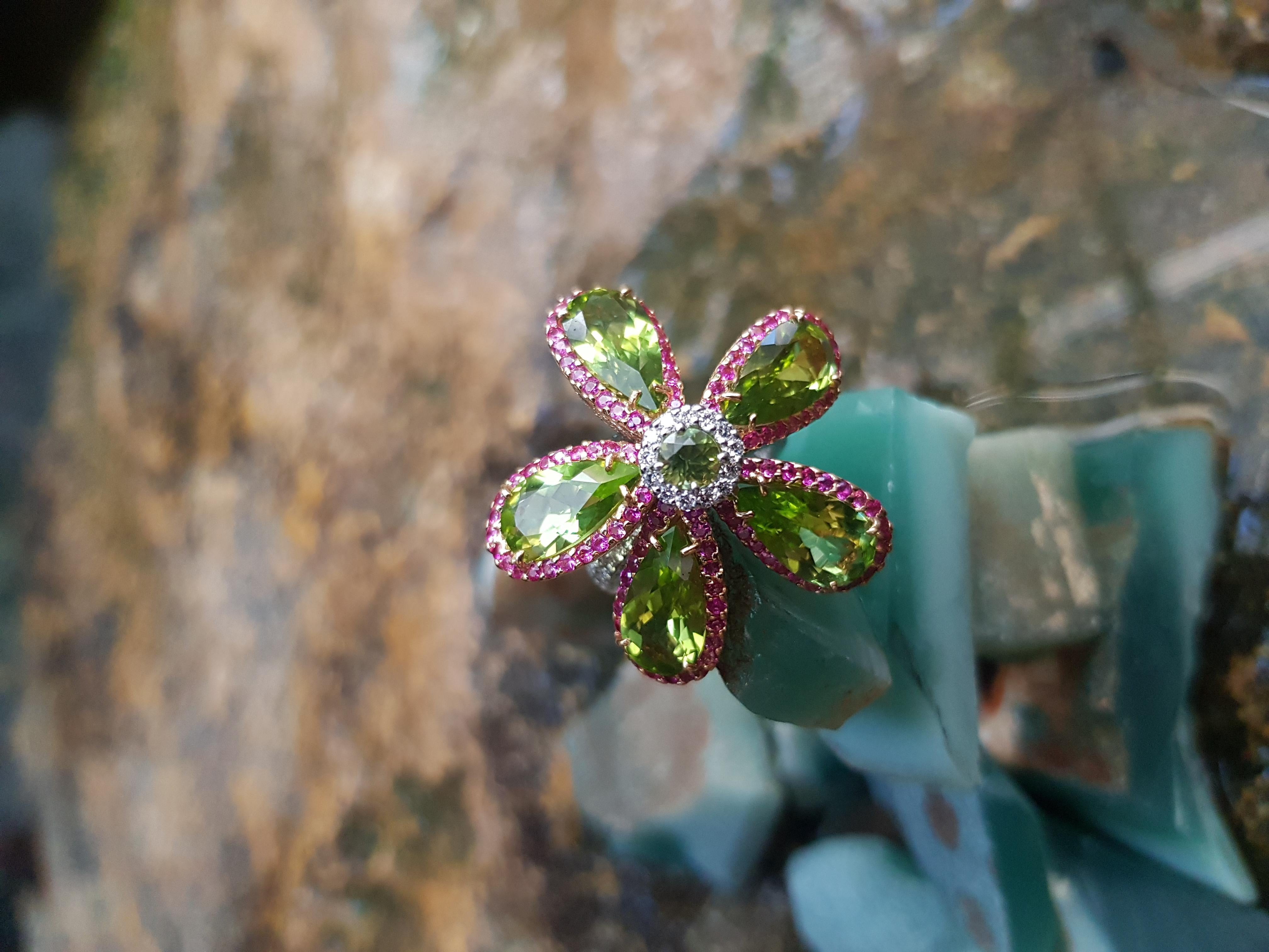 Pear Cut Peridot with Pink Sapphire and Diamond Flower Rings Set in 18 Karat White Gold For Sale