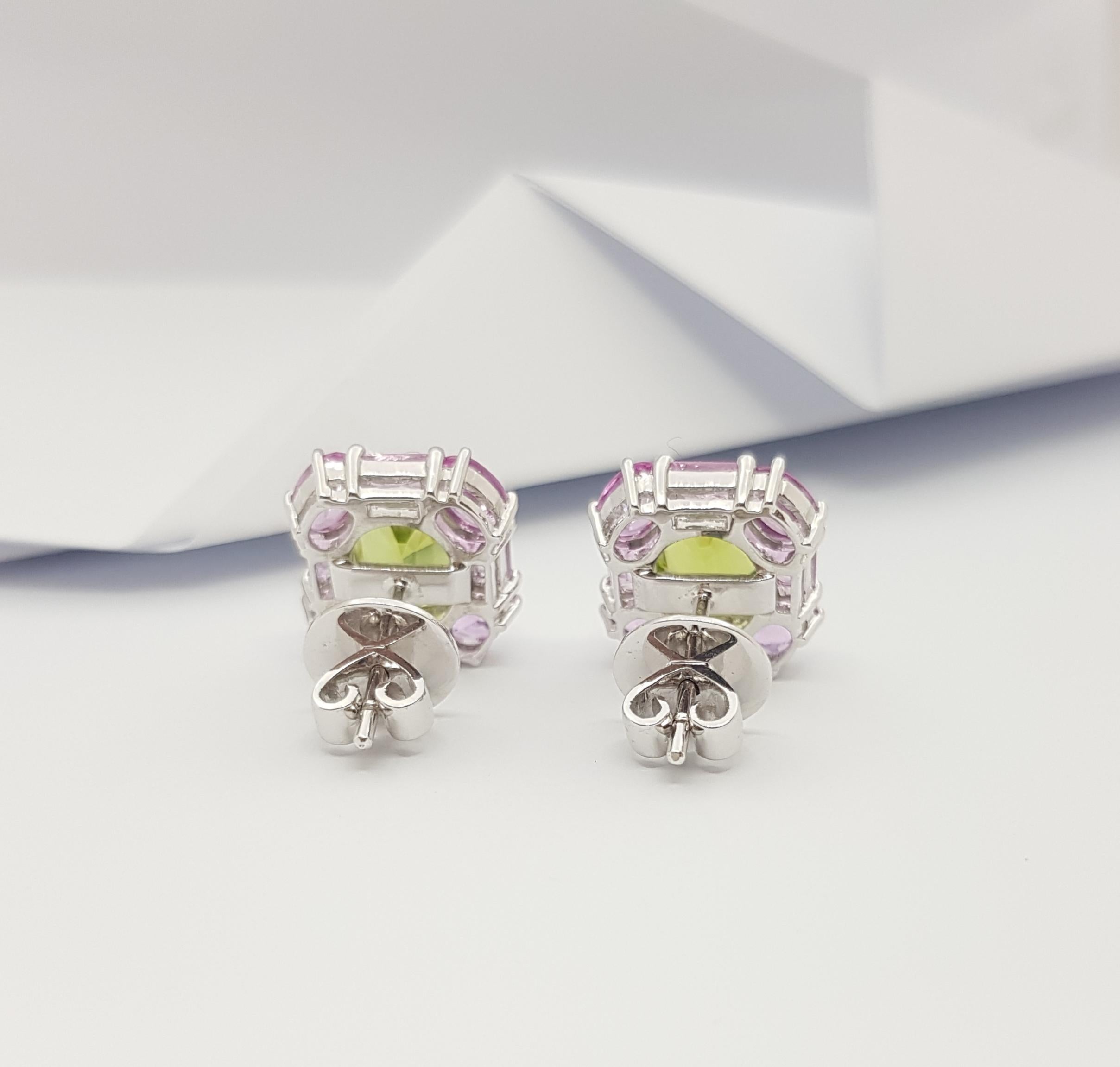Contemporary Peridot with Pink Sapphire Earrings Set in 18 Karat White Gold Settings For Sale