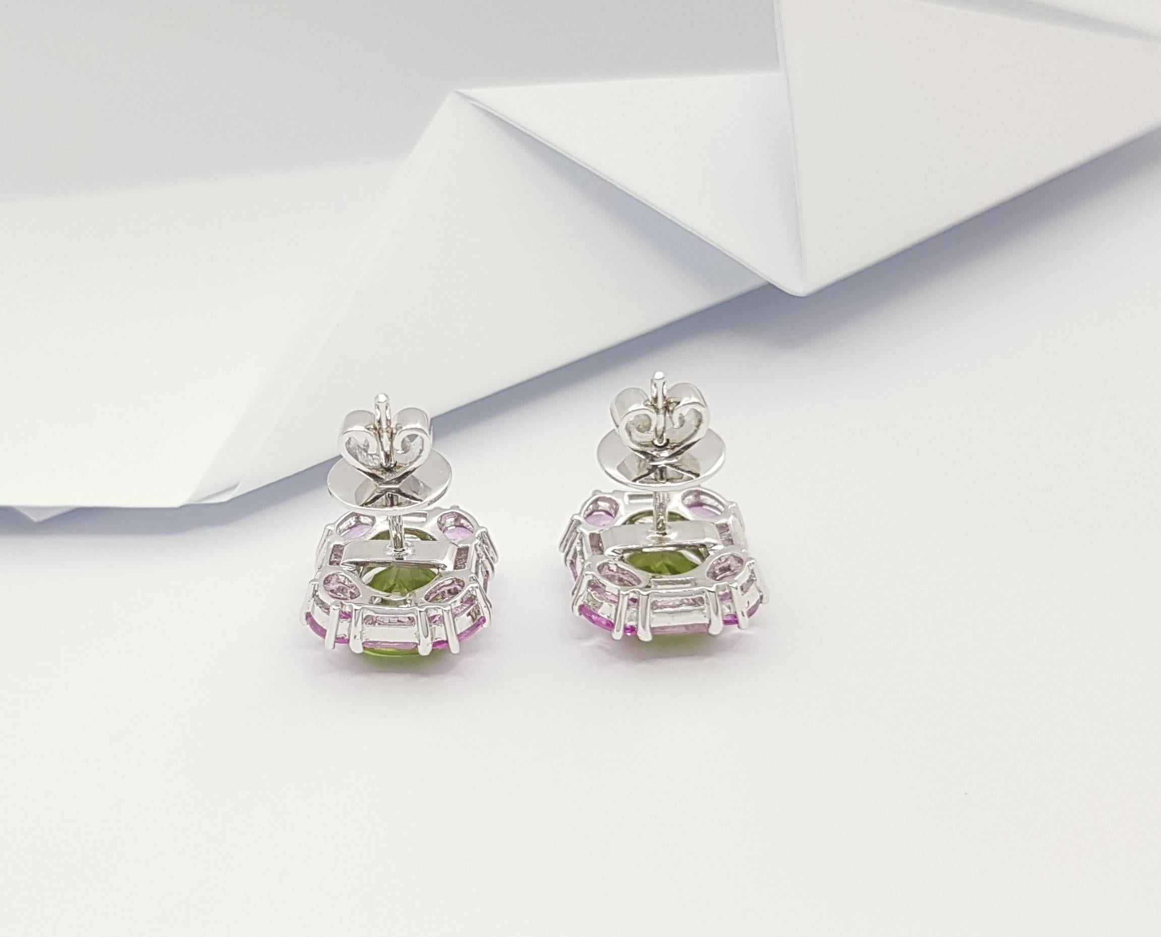Mixed Cut Peridot with Pink Sapphire Earrings Set in 18 Karat White Gold Settings For Sale
