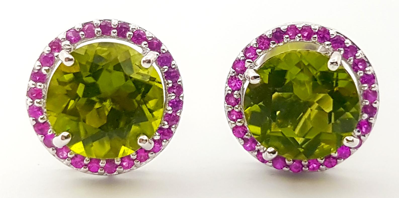 Contemporary Peridot with Pink Sapphire Earrings set in 18K White Gold Settings For Sale