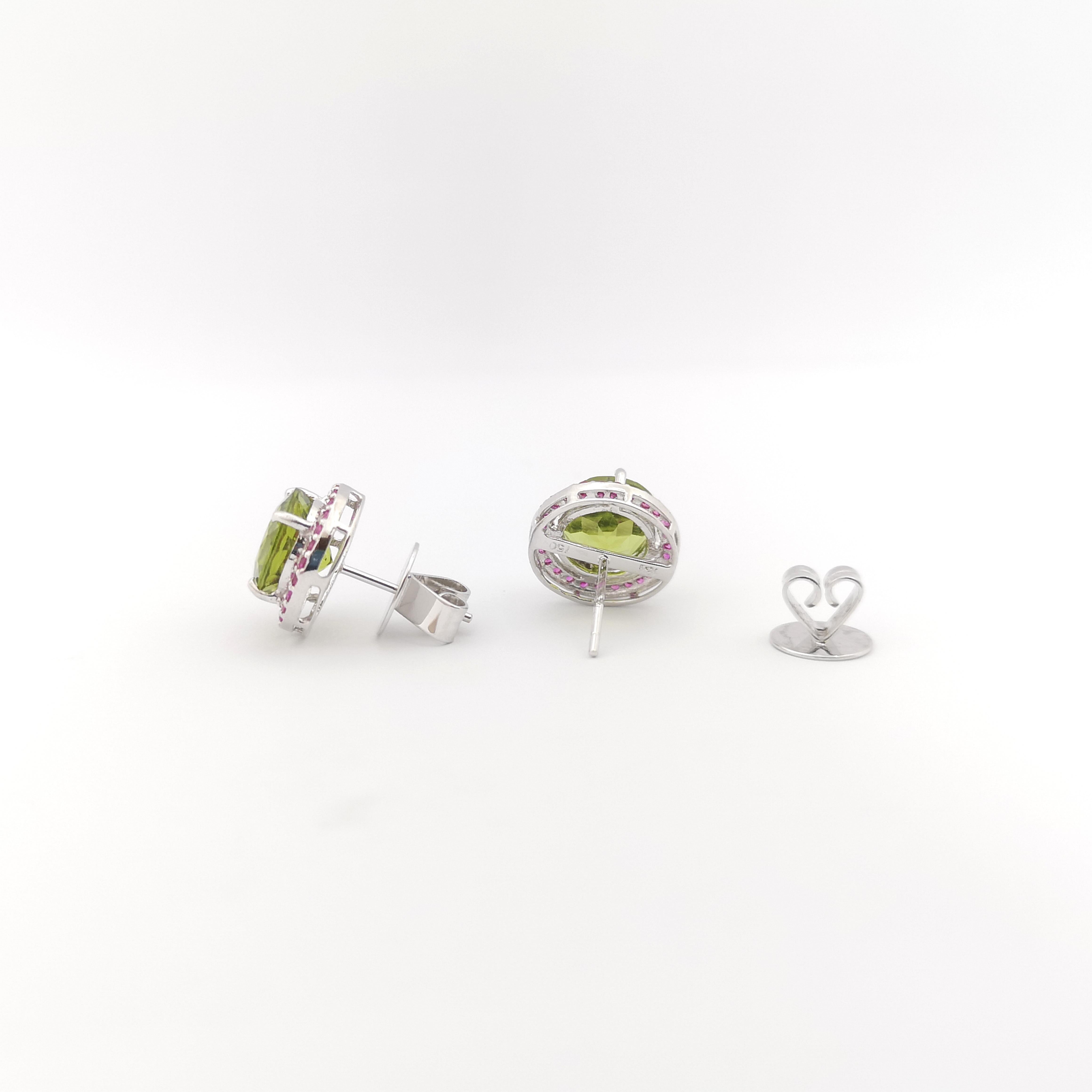 Women's Peridot with Pink Sapphire Earrings set in 18K White Gold Settings For Sale