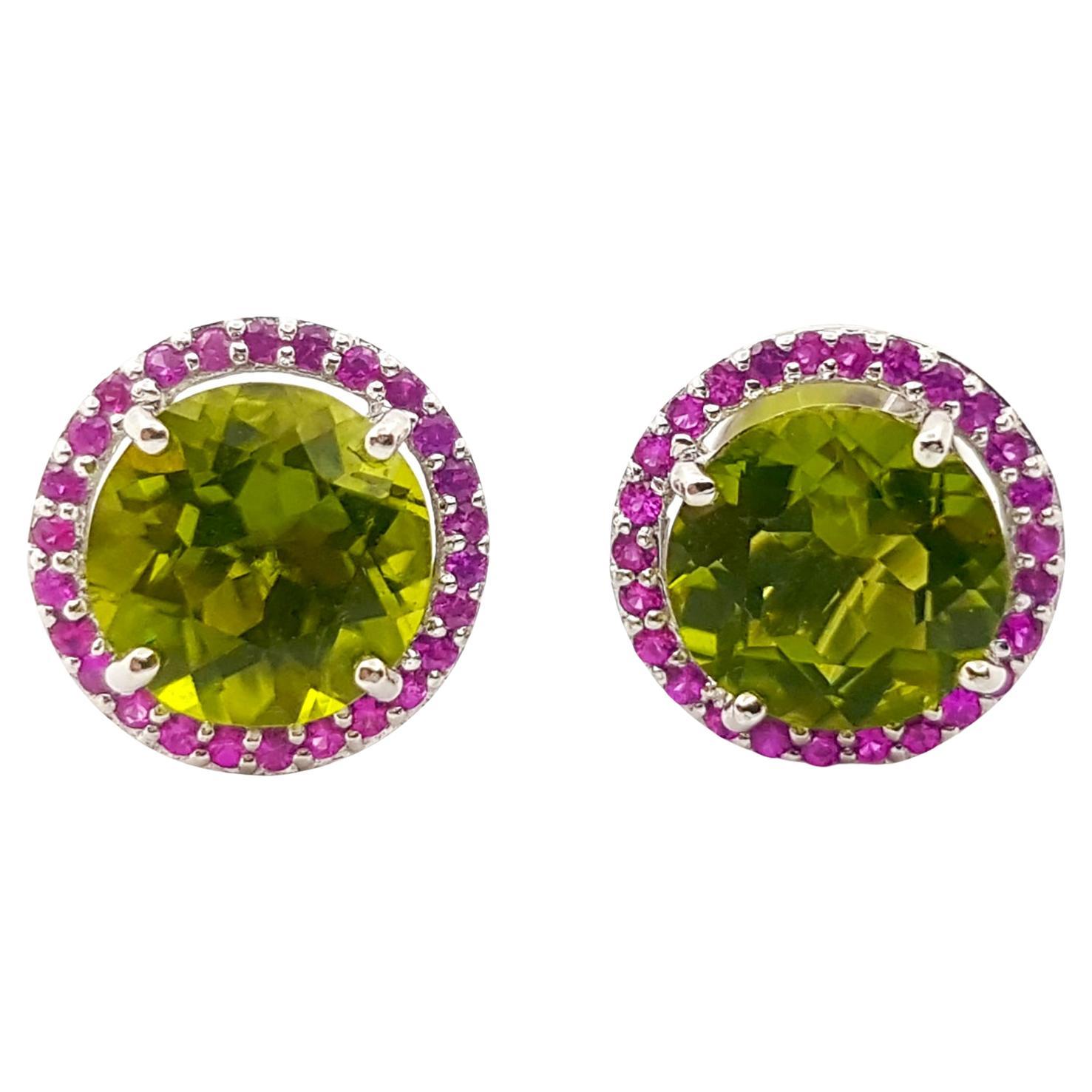 Peridot with Pink Sapphire Earrings set in 18K White Gold Settings For Sale