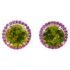 Peridot with Pink Sapphire Earrings set in 18K White Gold Settings