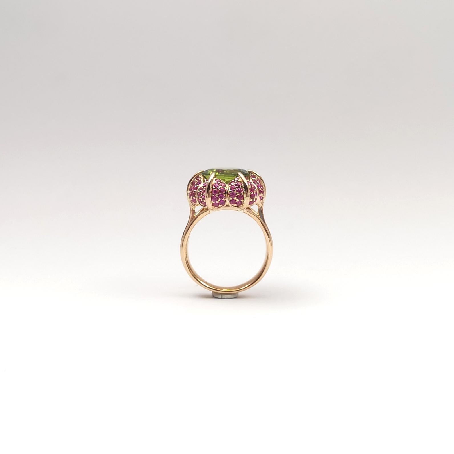 Peridot with Pink Sapphire Ring set in 18K Rose Gold Settings For Sale 10