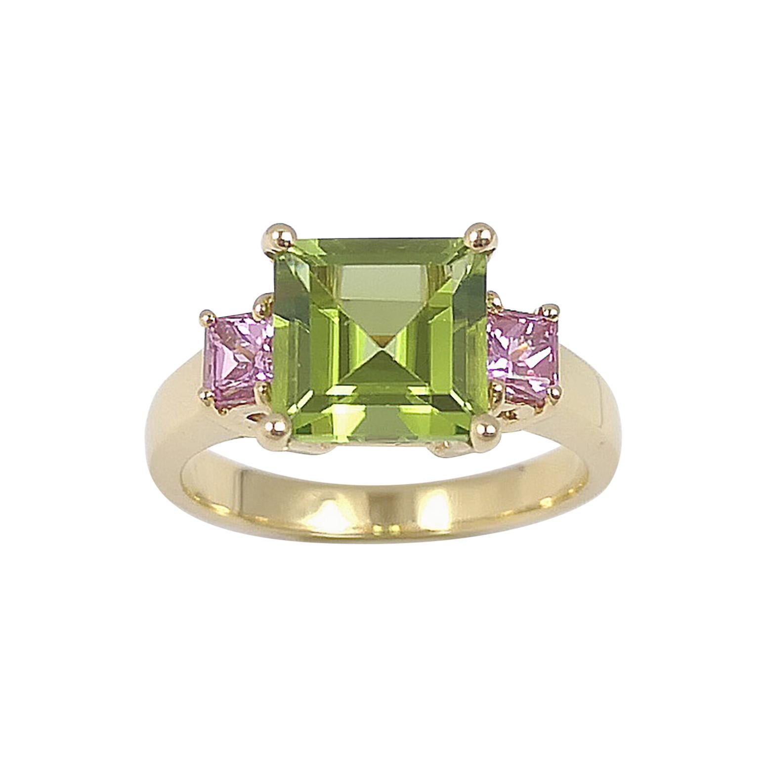 Peridot with Pink Sapphire Rose Gold Settings For Sale