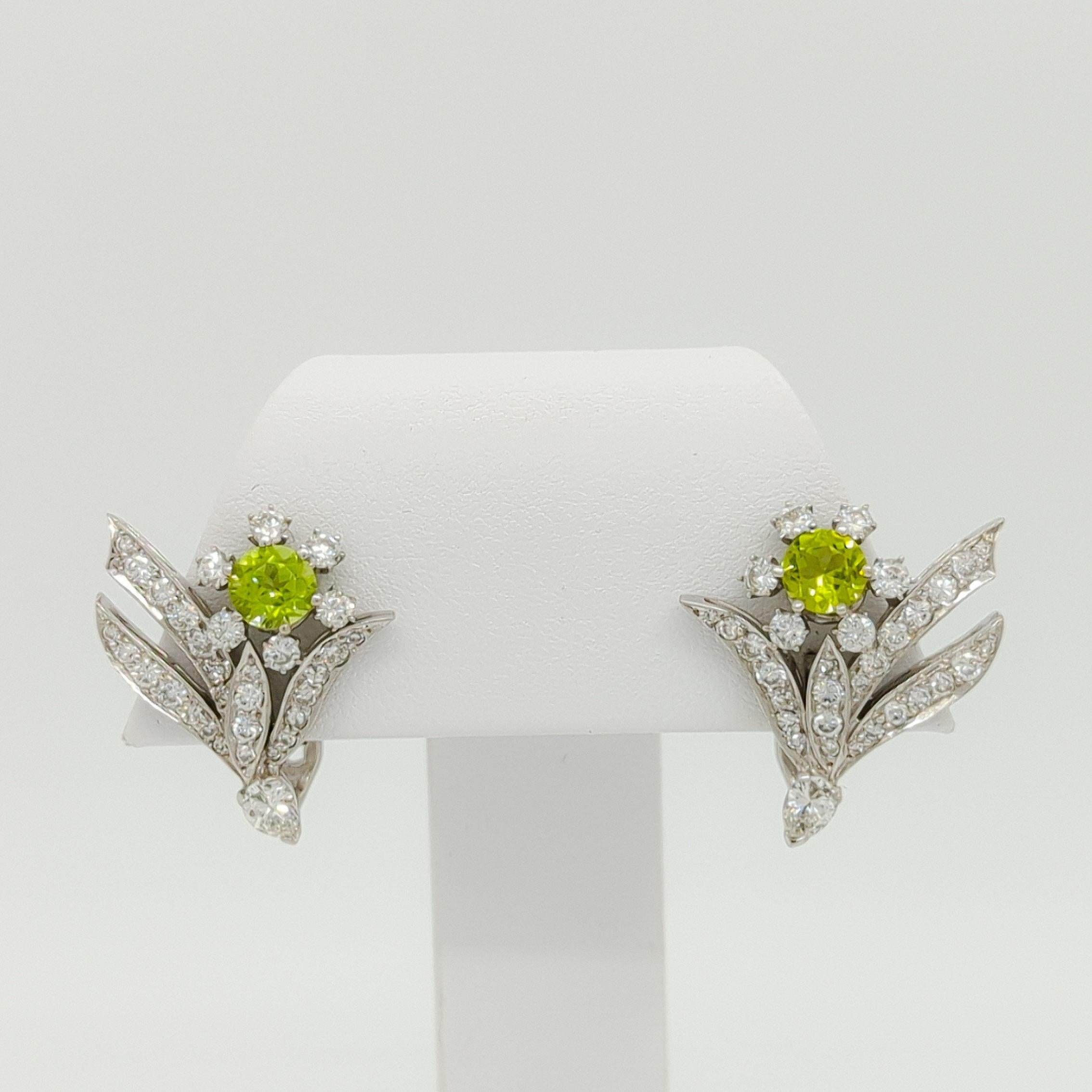 Round Cut Peridot with Round & Marquise Diamond Flower Earrings in Platinum For Sale