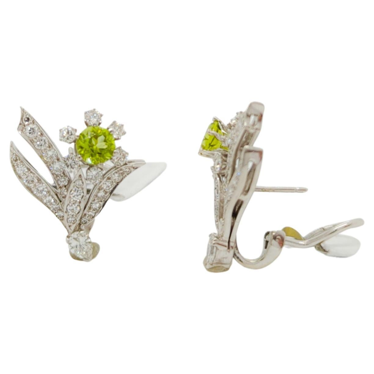 Peridot with Round & Marquise Diamond Flower Earrings in Platinum For Sale