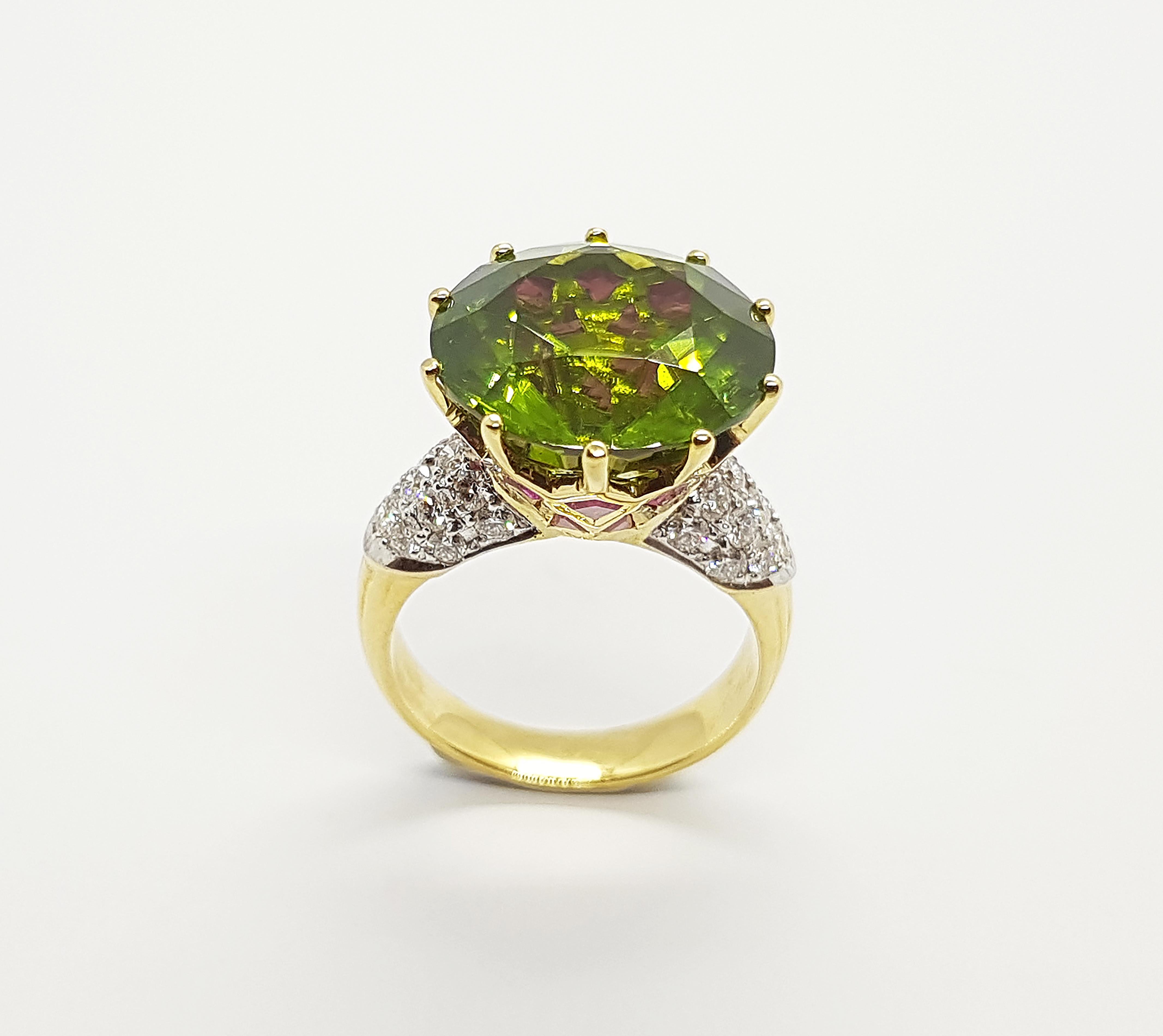 Peridot 12.15 carats with Ruby 1.80  carats and Diamond 0.65 carat Ring set in 18 Karat Gold Settings

Width:  1.5 cm 
Length:  1.5 cm
Ring Size: 52
Total Weight: 9.51 grams

