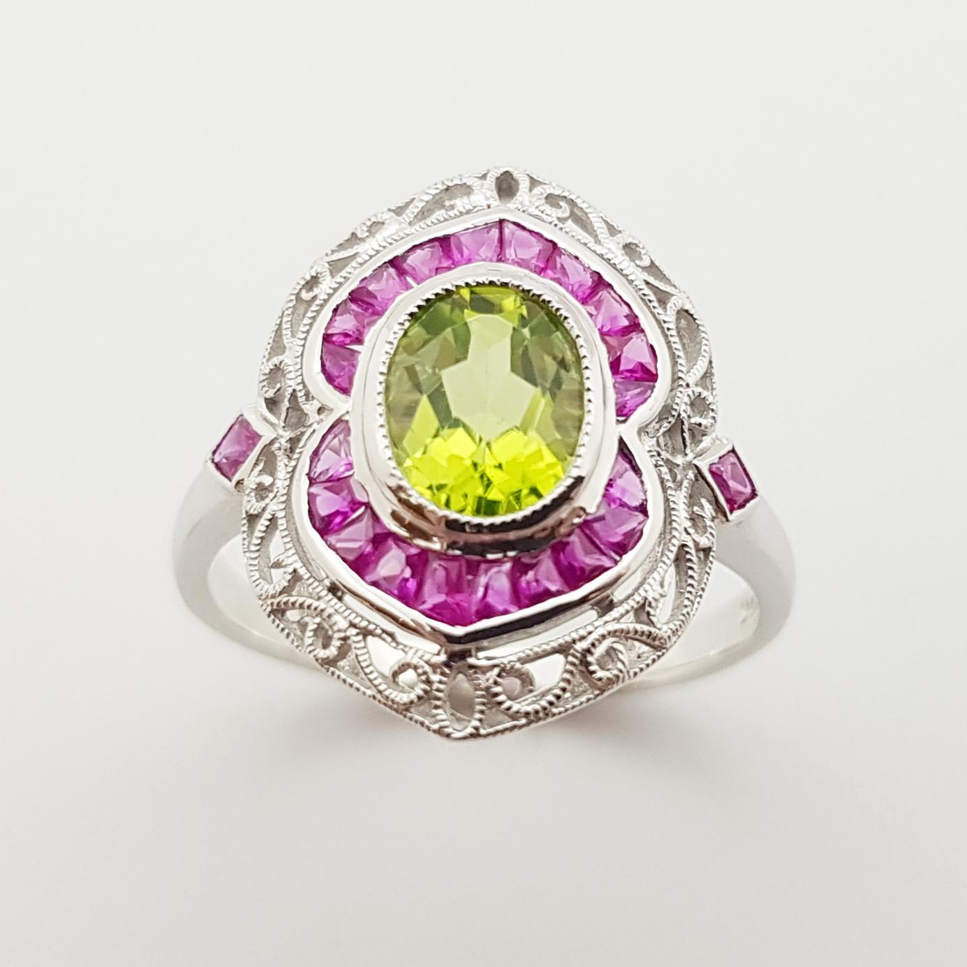 Women's Peridot with Ruby Ring Set in 18 Karat White Gold Settings For Sale