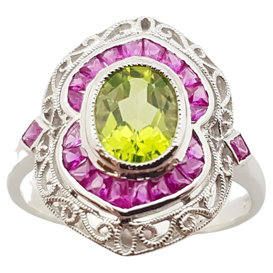 Peridot with Ruby Ring Set in 18 Karat White Gold Settings For Sale