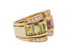 Peridots, Tourmaline, Diamonds, 18 Karat Yellow Gold Ring.