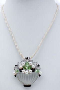 Peridots, Diamonds, Onyx, Rock Crystal, Pearls, Platinum Brooch/Pendant Necklace