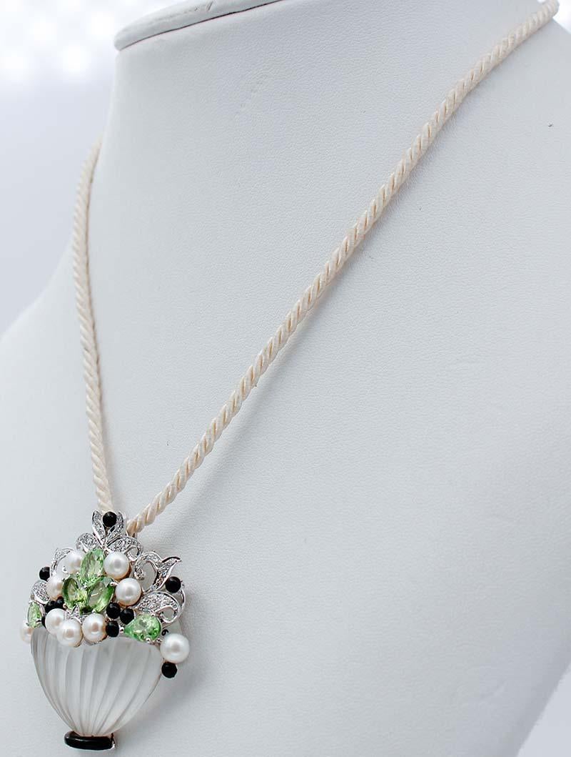 Retro Peridots, Diamonds, Onyx, Rock Crystal, Pearls, Platinum Brooch/Pendant Necklace For Sale