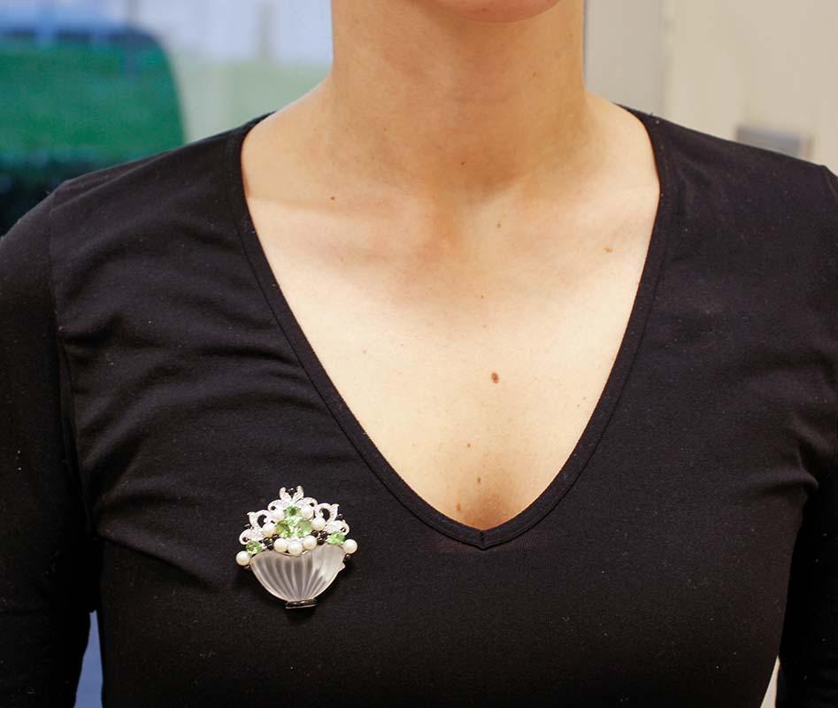 Peridots, Diamonds, Onyx, Rock Crystal, Pearls, Platinum Brooch/Pendant Necklace For Sale 1