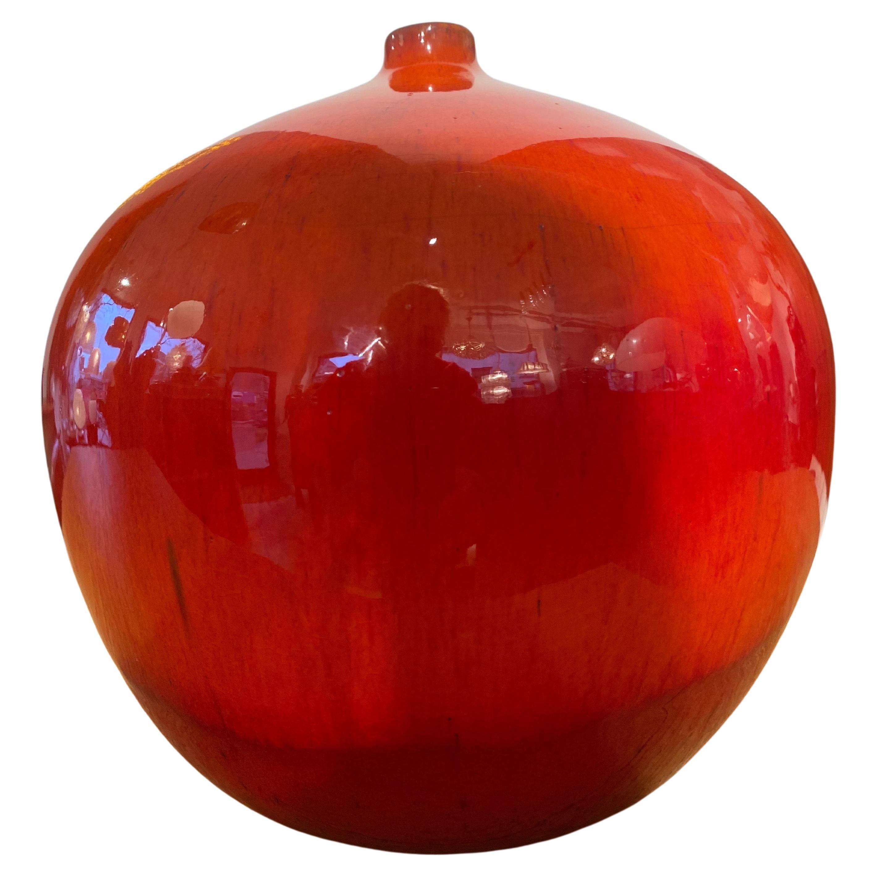 Beautifully intense red glazed hand thrown spherical vase with oxidation firing designed by Rogier Vandeweghe and signed by Perignem, Beernem, Belgium 1960s.It is marked on the bottom. This vase is in perfect condition.