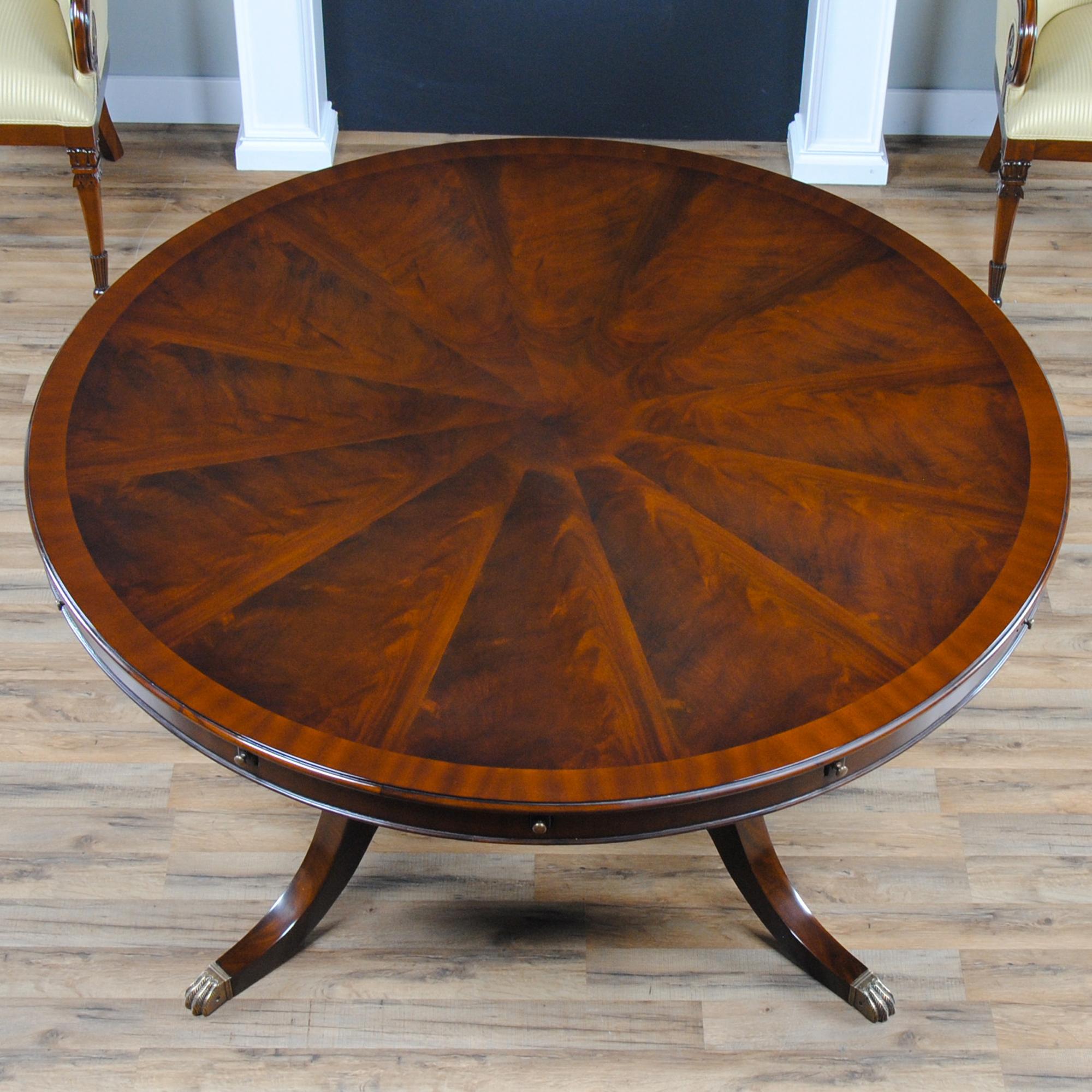 A sixty inch round Perimeter Dining Table produced with a high quality figured mahogany field and sapele banding makes for a subtle but interesting contrast in the pattern on the top. Surrounding the top can be placed six leaves which rest on