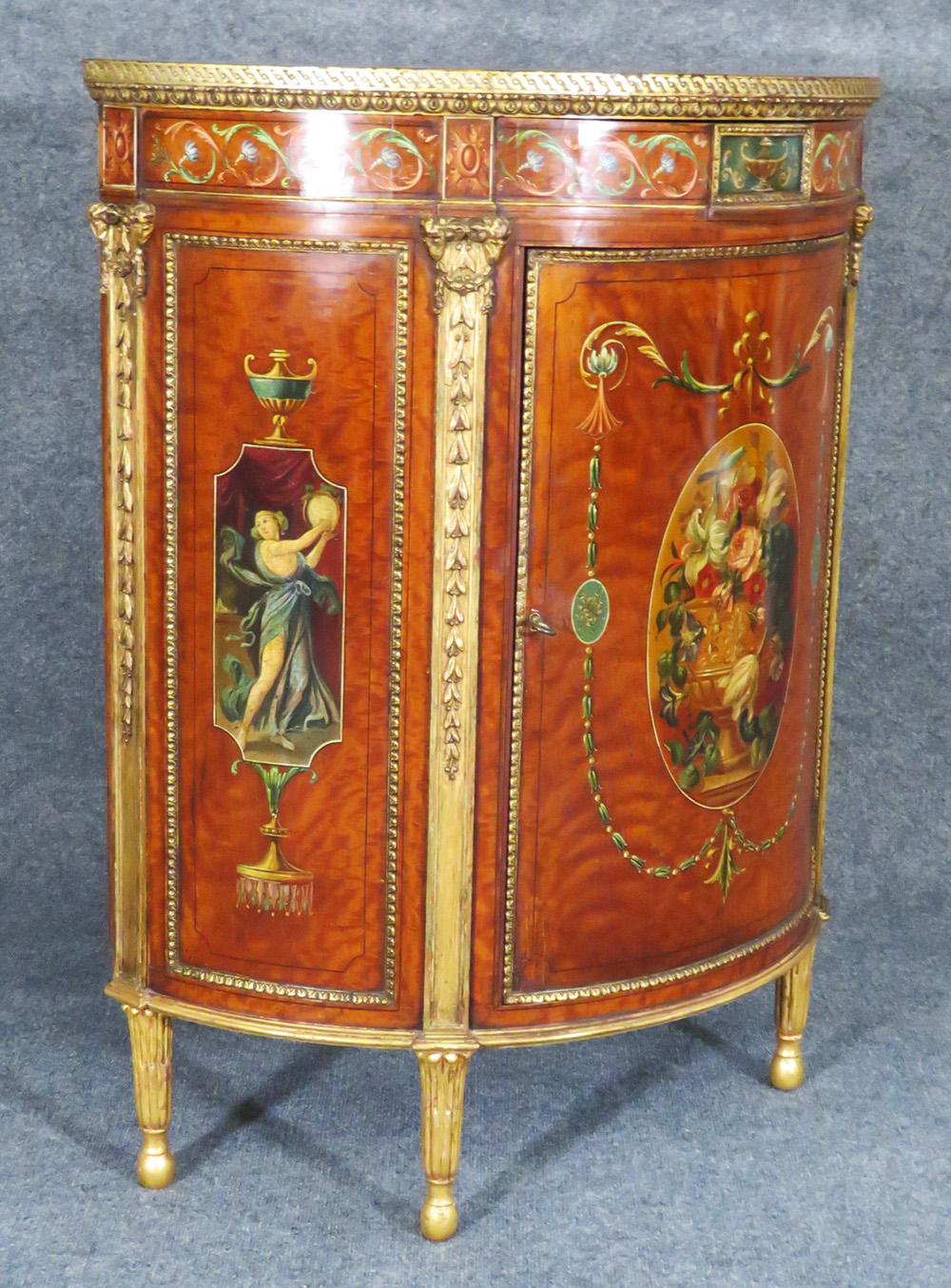 Adam Style Period 1780s English Paint decorated Satinwood Demilune Side Cabinet Commode