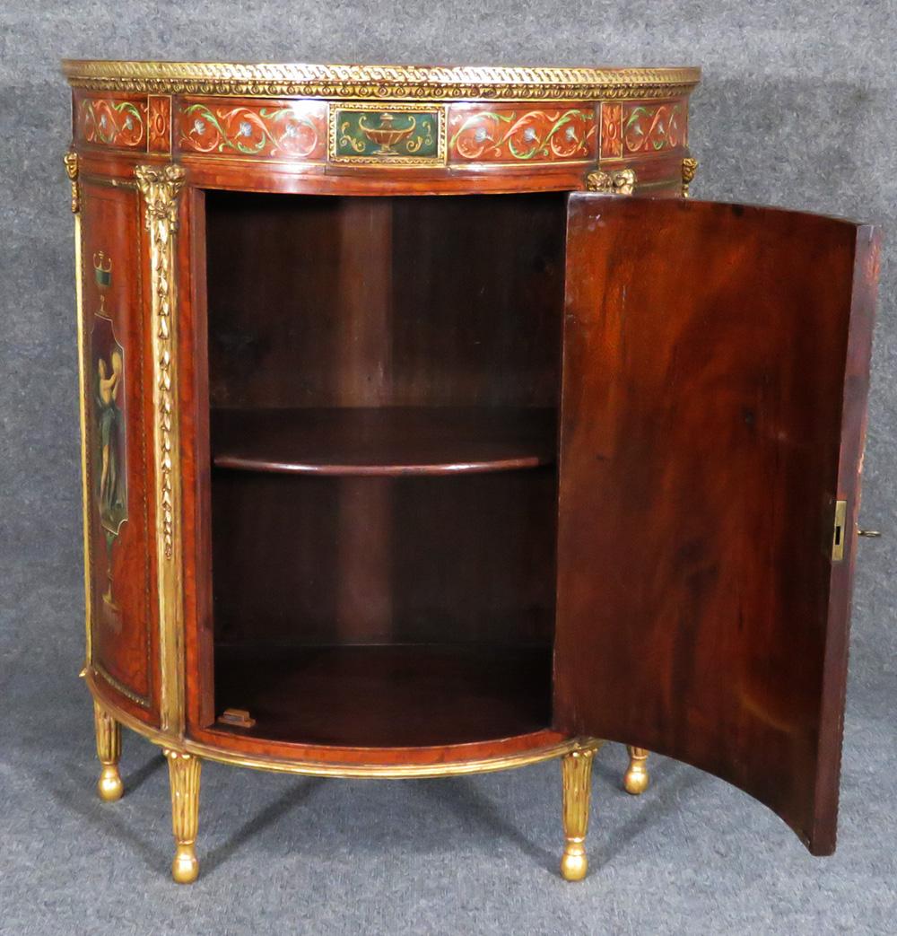 Late 18th Century Period 1780s English Paint decorated Satinwood Demilune Side Cabinet Commode